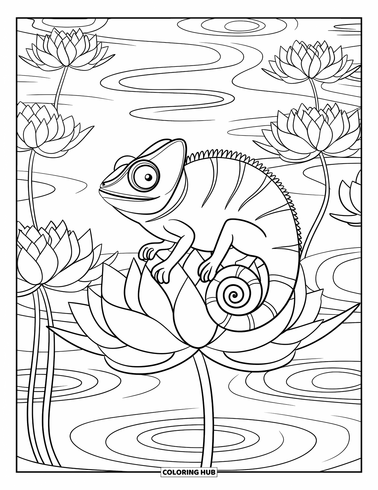 Chameleon Coloring Page for Adults: A chameleon rests among lotus flowers in a symmetrical water scene