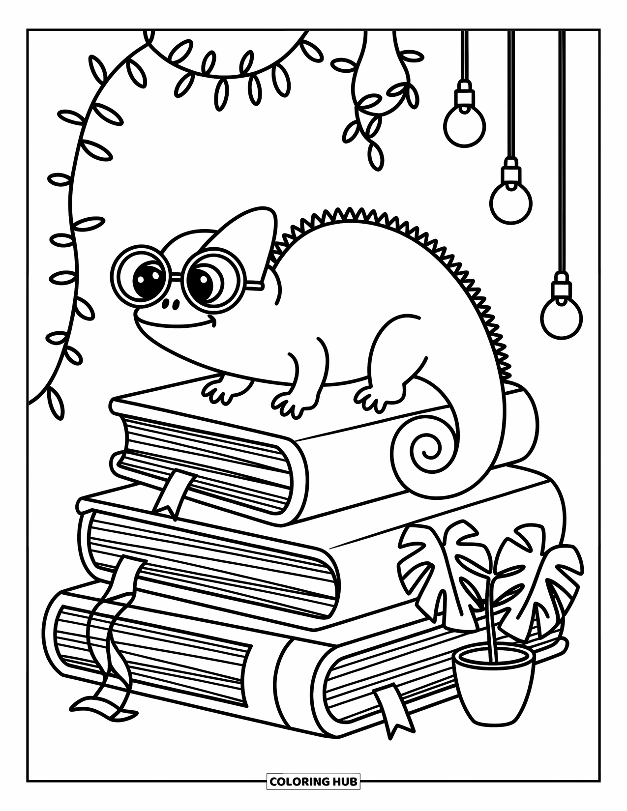 Chameleon Coloring Page for Adults: A chameleon with glasses sits on stacked books surrounded by vines and hanging lights