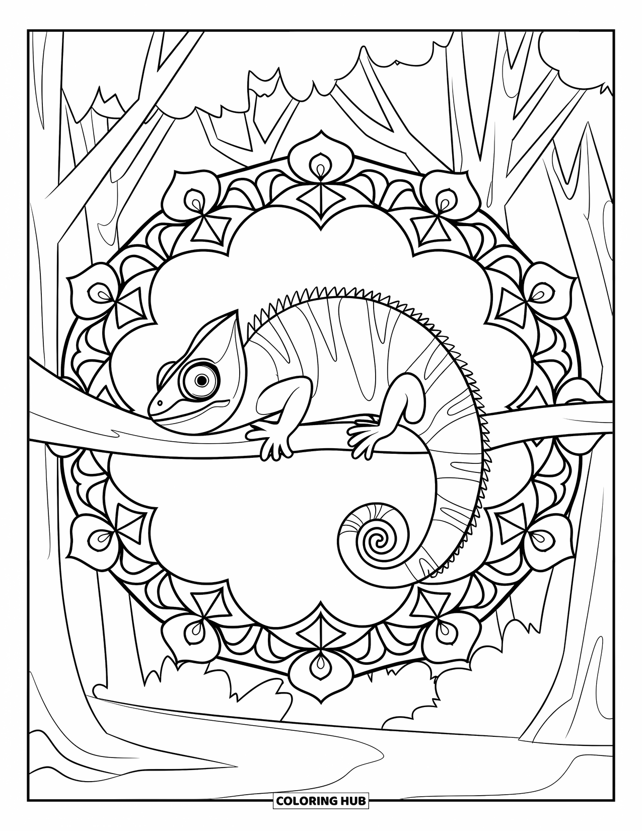 Chameleon Coloring Page for Adults: A chameleon wraps around a branch within a botanical mandala design