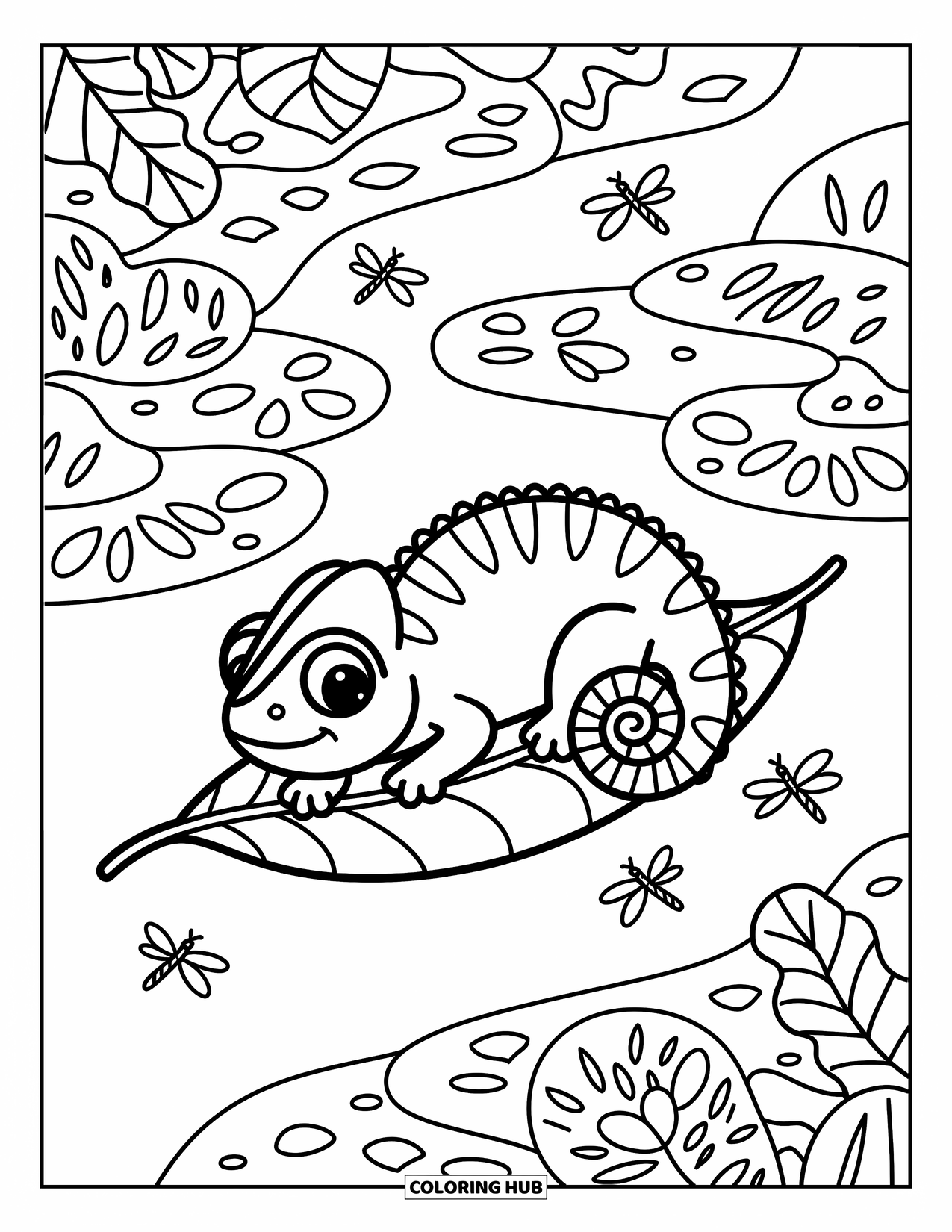 Chameleon Coloring Page for Adults: A curious chameleon drifts on a leaf raft with lily pads and dragonflies