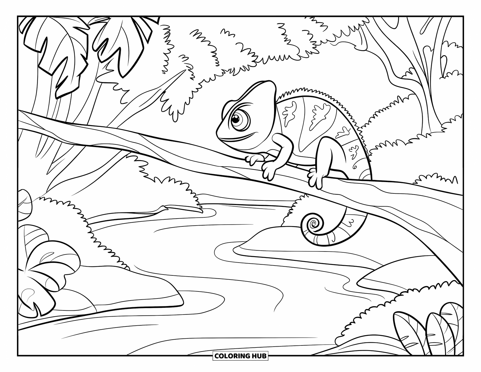 Chameleon Coloring Page for Kids: A camouflaged chameleon rests on a leafy branch over a gentle rainforest stream