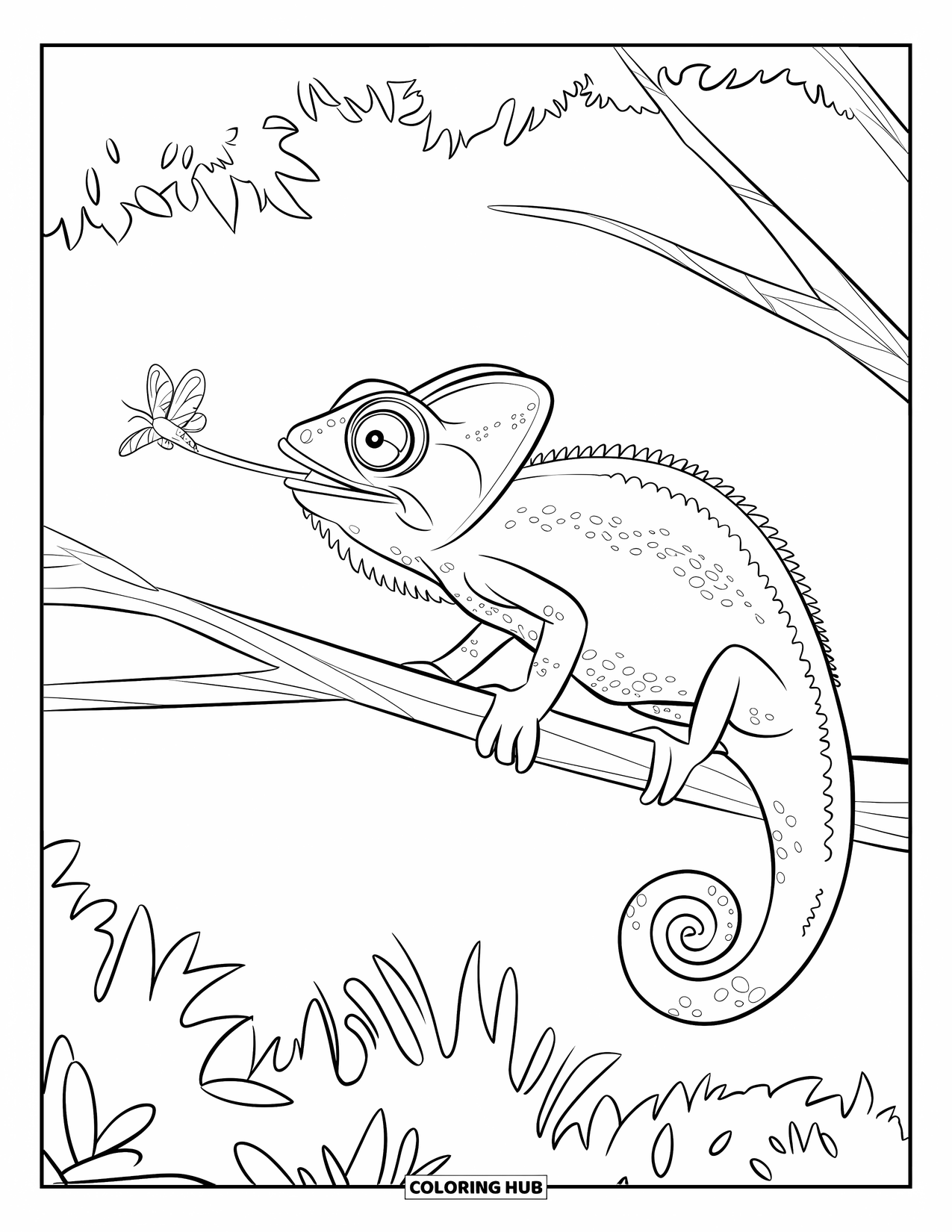 Chameleon Coloring Page for Kids: A chameleon catches a moth while perched in a forest scene