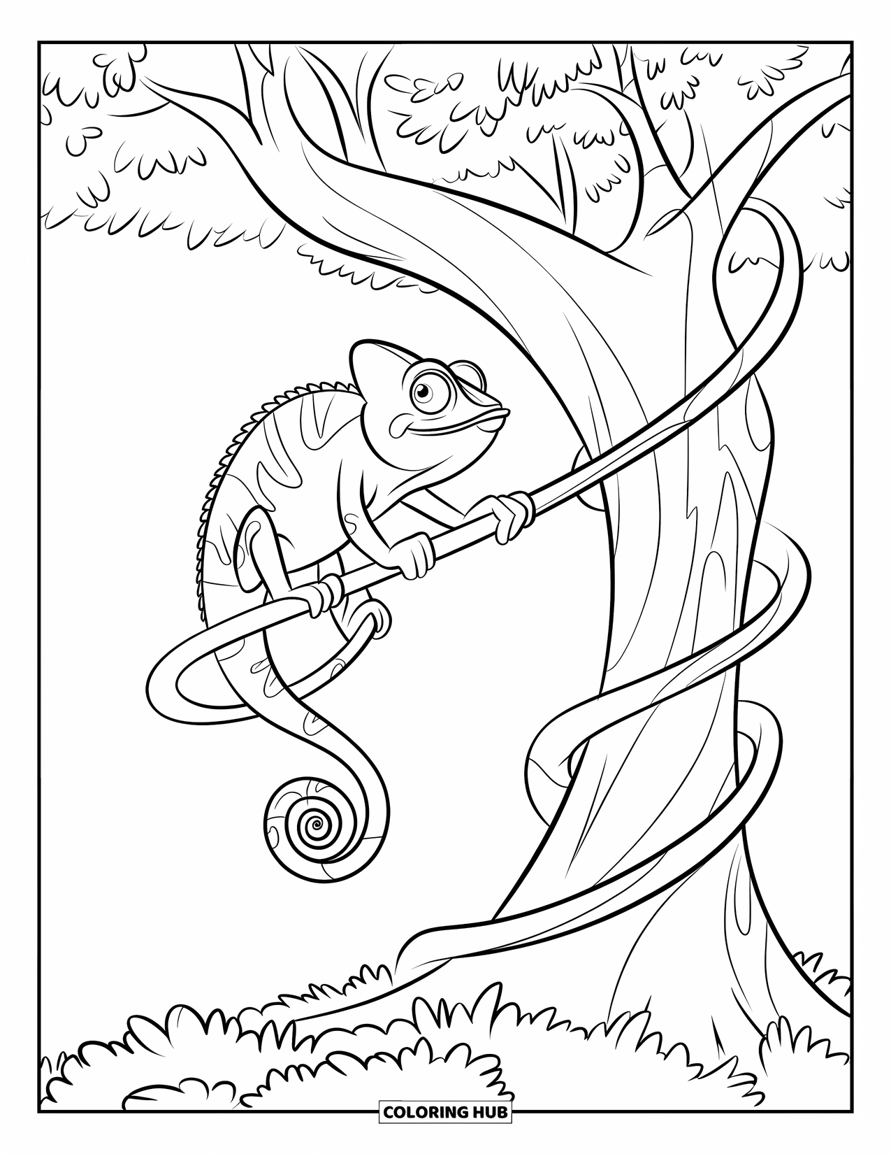 Chameleon Coloring Page for Kids: A chameleon climbs a spiral vine wrapped around a forest tree