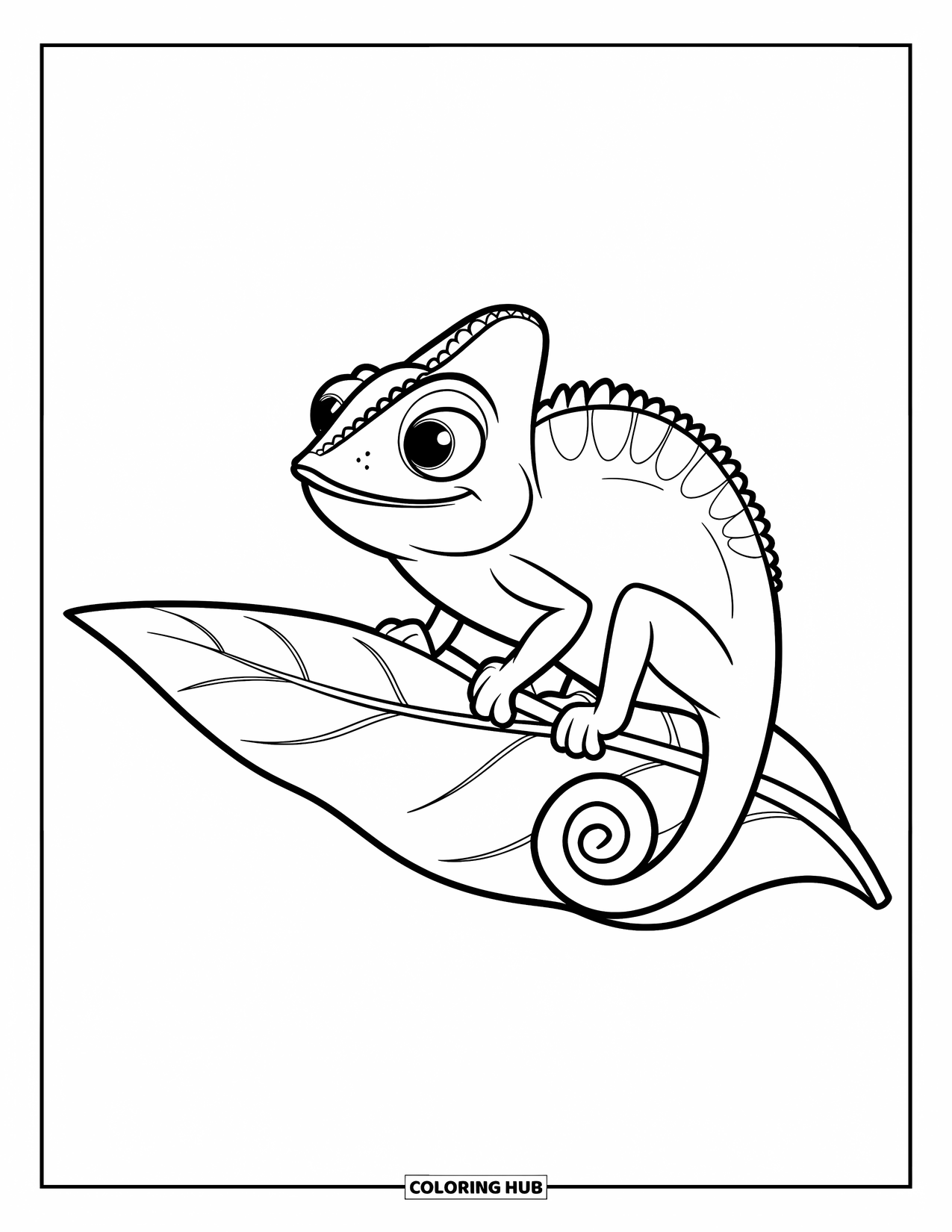 Chameleon Coloring Page for Kids: A chameleon grips a curved leafy branch with tiny legs and big eyes
