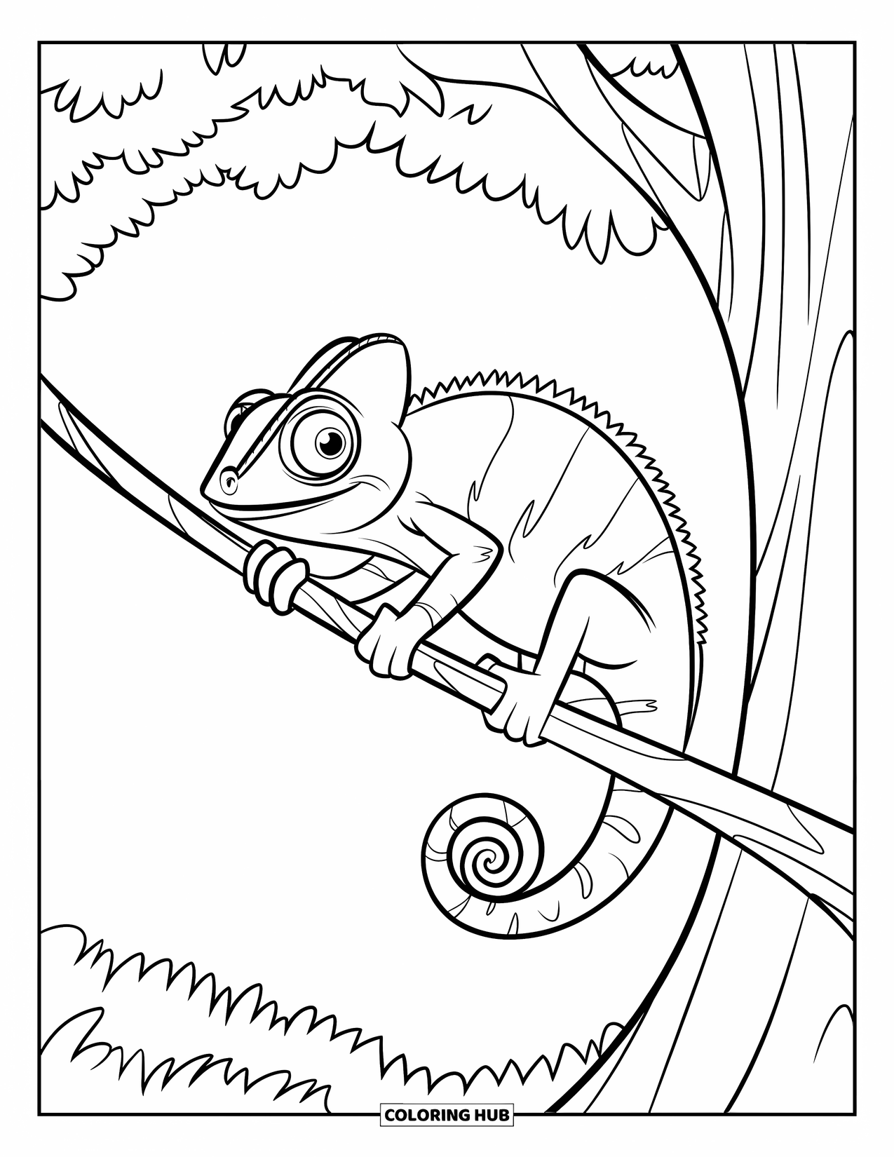 Chameleon Coloring Page for Kids: A chameleon grips a vine in a lush forest with bold leaf shapes