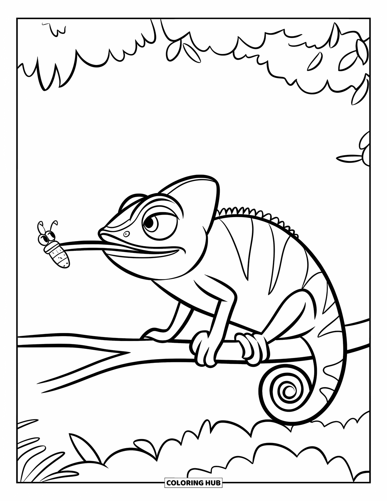 Chameleon Coloring Page for Kids: A chameleon reaches for a bug in the sky with its long tongue