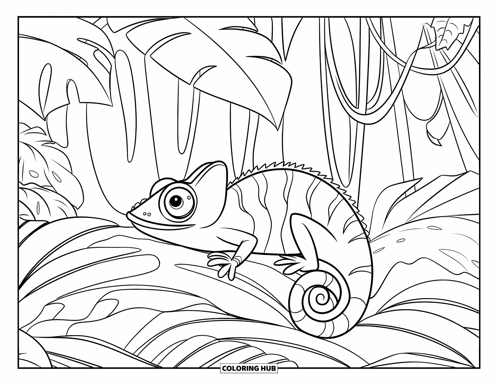 Chameleon Coloring Page for Kids: A chameleon rests on jungle leaves in a thick rainforest