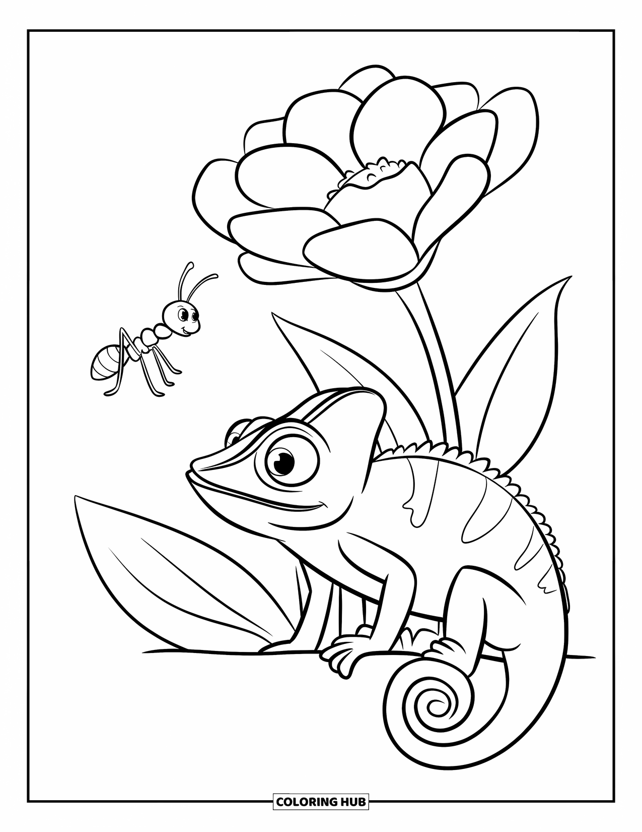 Chameleon Coloring Page for Kids: A chameleon sits beside a blooming flower and a wandering ant