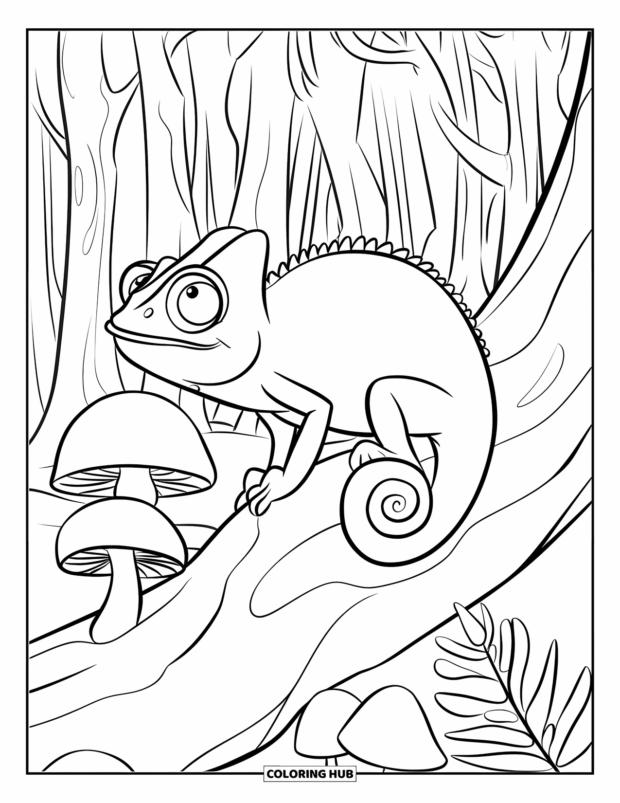 Chameleon Coloring Page for Kids: A chameleon stands on a tree trunk beside mushrooms and a leafy fern