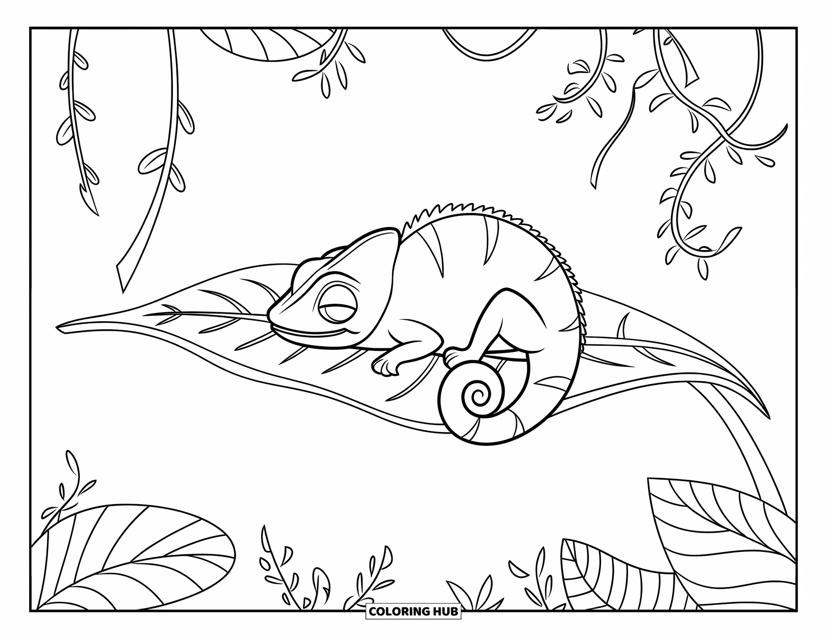 Chameleon Coloring Page for Kids: A chameleon with closed eyes curls under a big textured leaf