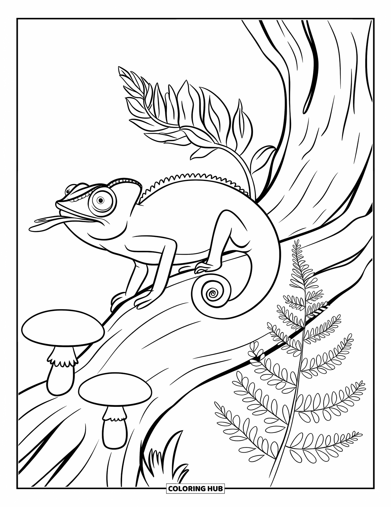 Chameleon Coloring Page for Kids: A chameleon with its tongue out stands beside two mushrooms and a fern