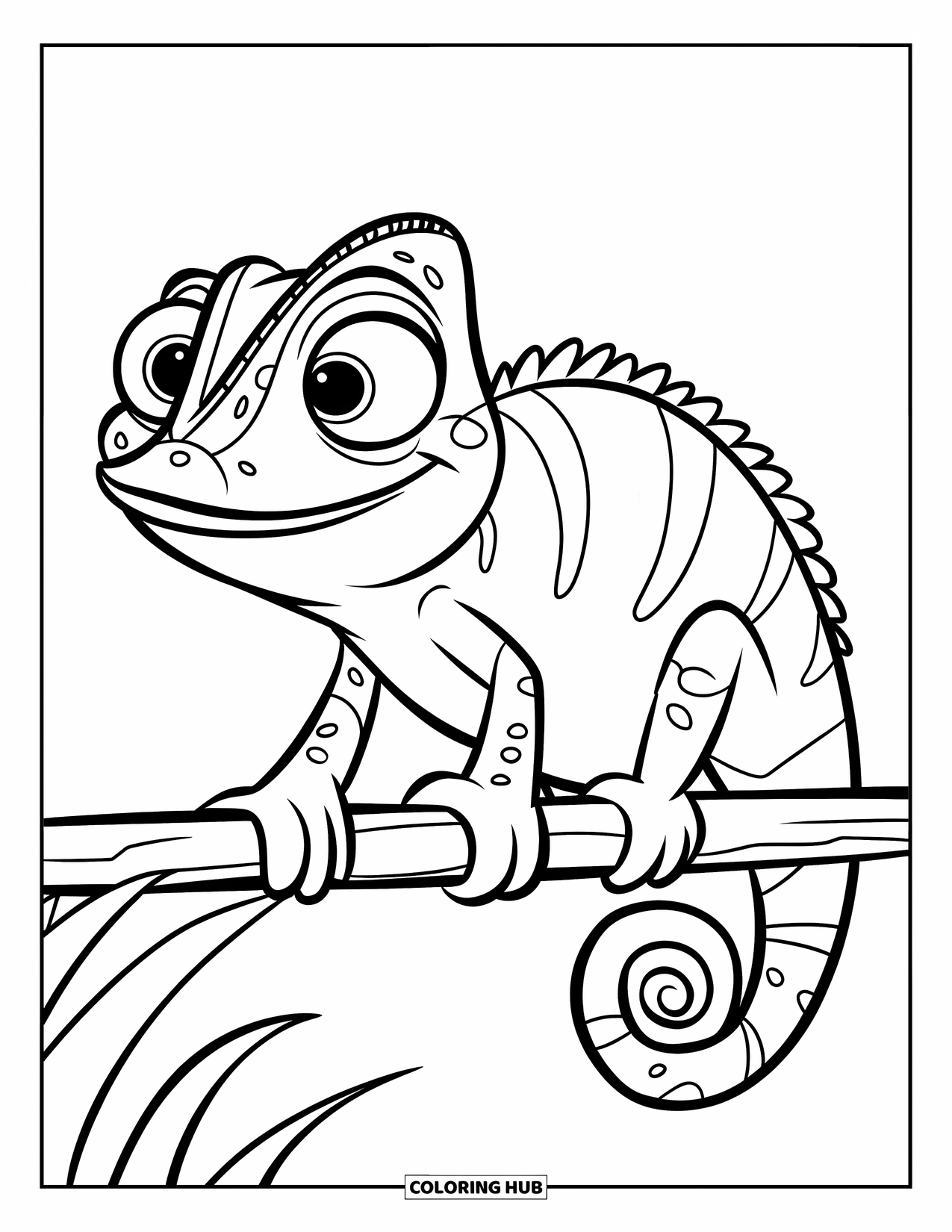 Chameleon Coloring Page for Kids: A cheerful chameleon with a curled tail perches happily on a stick
