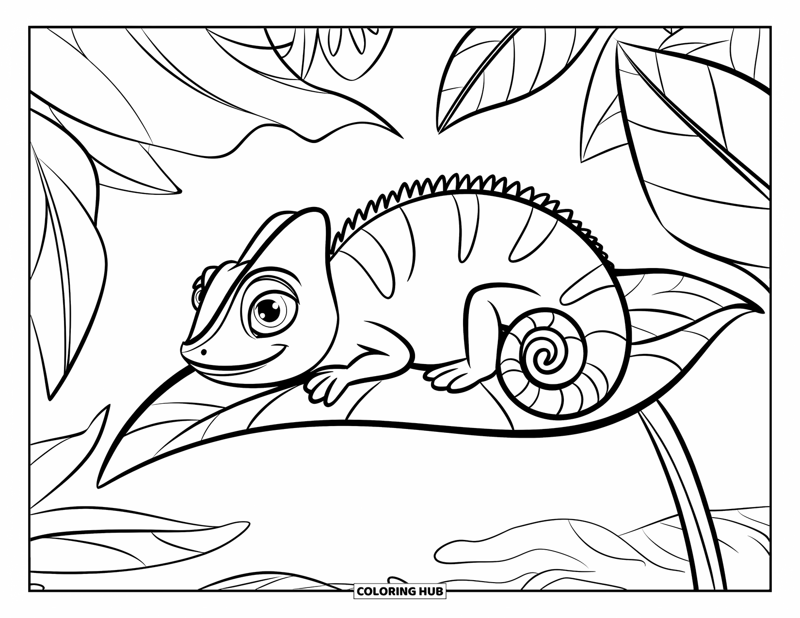 Chameleon Coloring Page for Kids: A curled-up chameleon rests quietly under a large jungle leaf