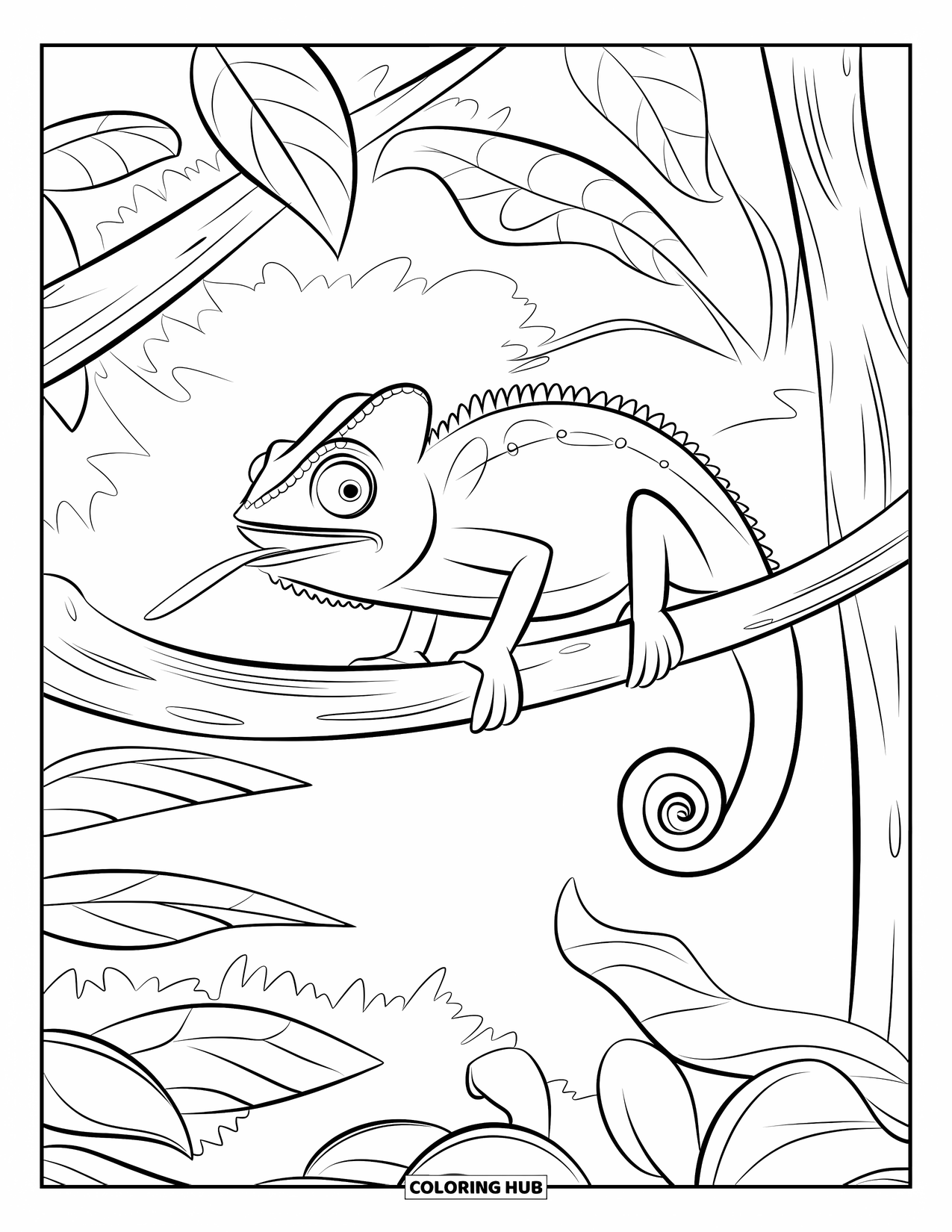 Chameleon Coloring Page for Kids: A leaping chameleon stretches between rainforest branches with its tongue out