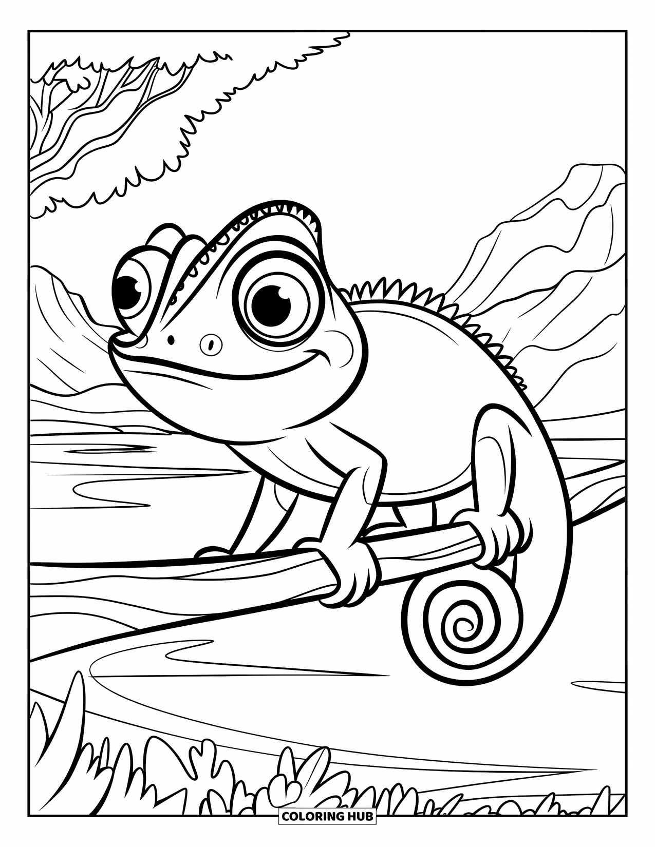 Chameleon Coloring Page for Kids: A smiling chameleon with big eyes sits on a stick in a peaceful scene