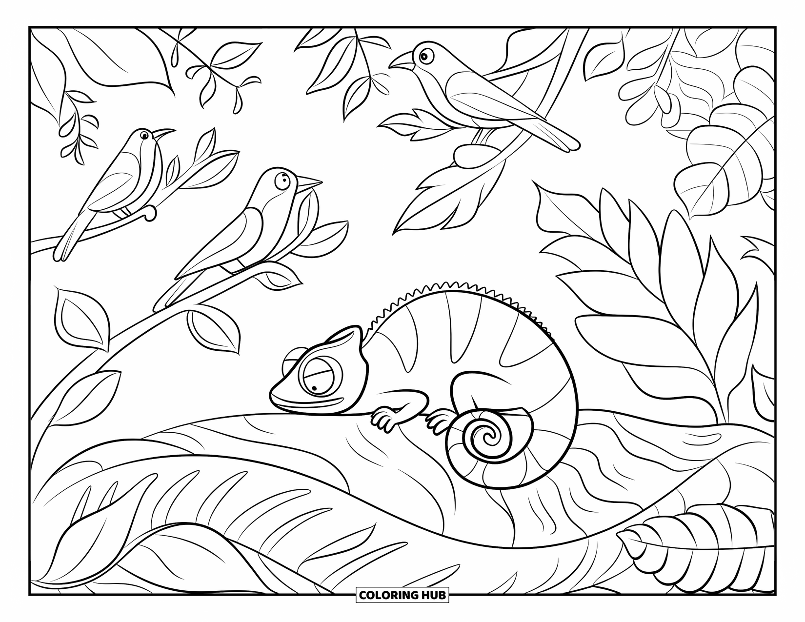 Chameleon Coloring Page for Kids: A wide-eyed chameleon lounges on a leaf in a leafy rainforest scene