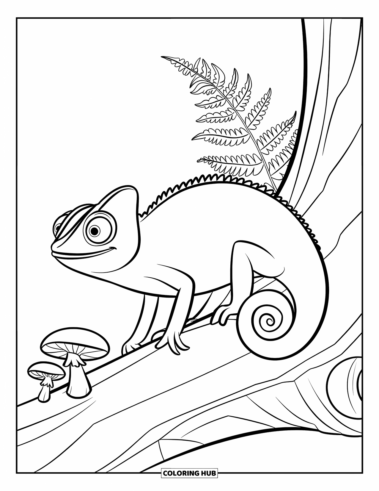 Chameleon Coloring Page for Kids: A wide-eyed chameleon perches near mushrooms and a fern on a tree trunk