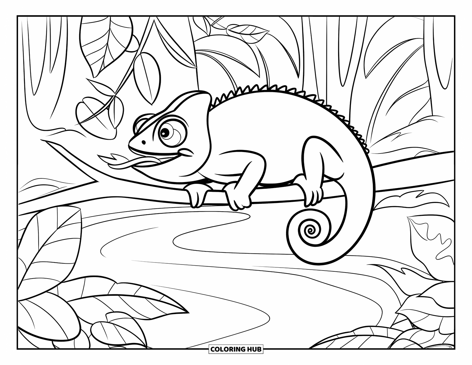 Chameleon Coloring Page for Kids: A wide-eyed chameleon with its tongue out sits above a calm rainforest stream
