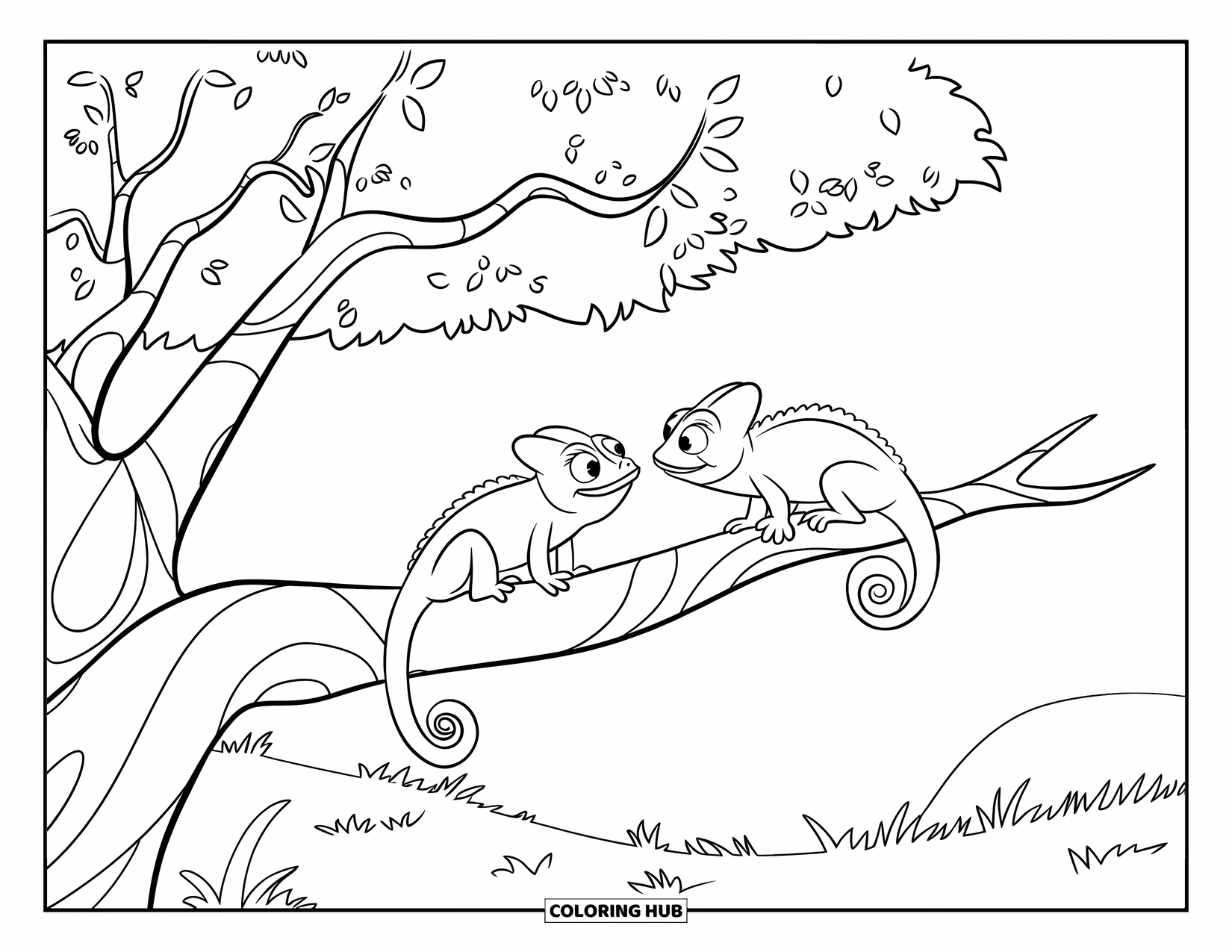 Chameleon Coloring Page for Kids: Two chameleons sit across from each other on a leafy tree