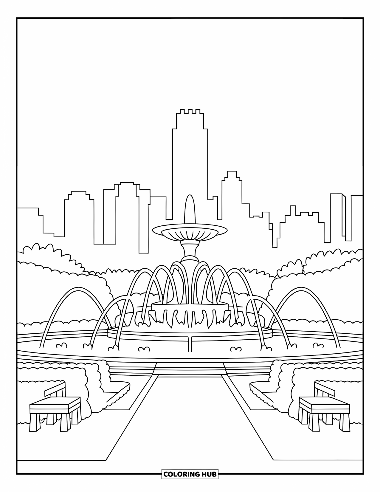 Chicago Coloring Page for Adults: Buckingham Fountain in Grant Park sprays high with Chicago's skyline in the background