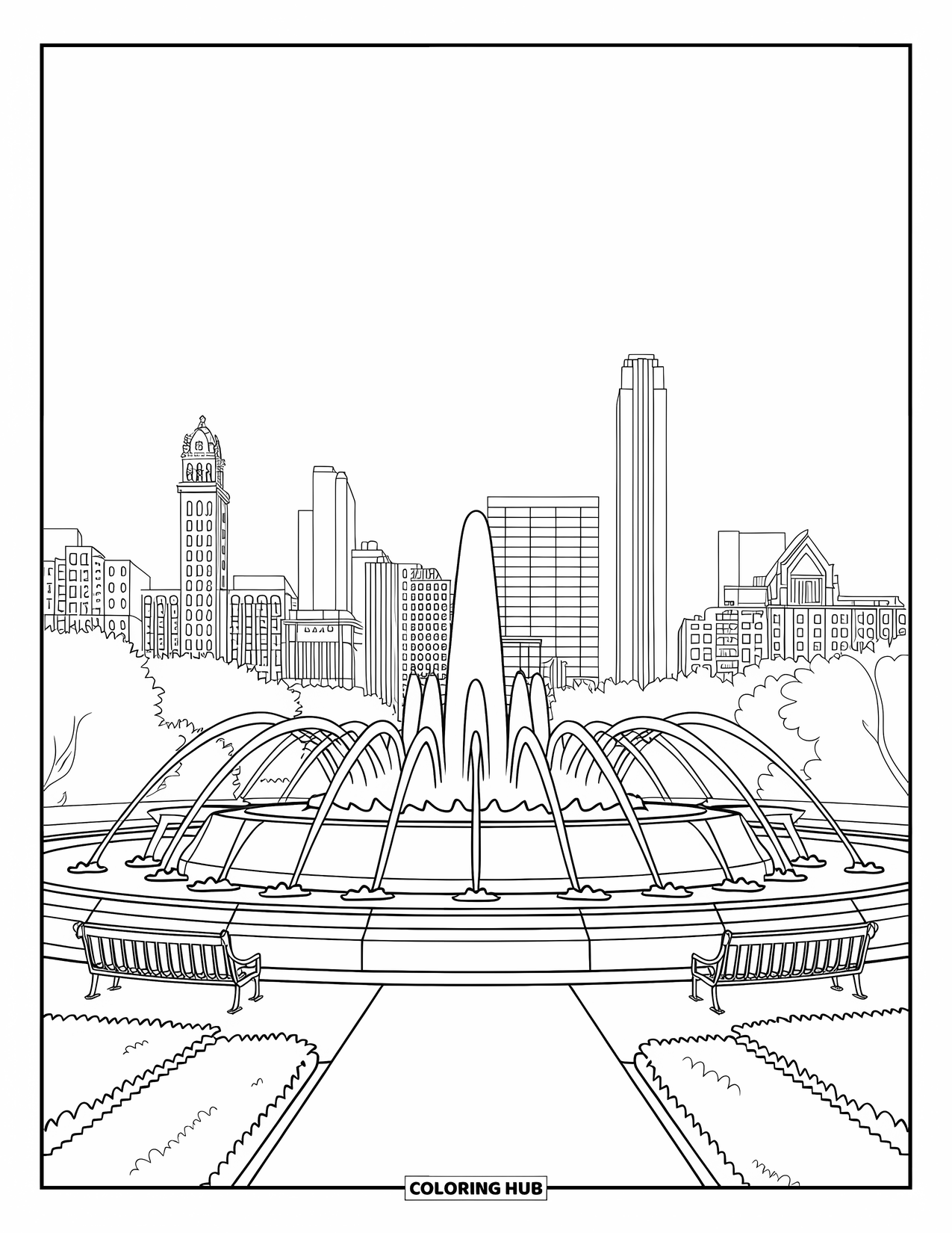 Chicago Coloring Page for Adults: Buckingham Fountain sprays into the sky surrounded by greenery and Chicago buildings