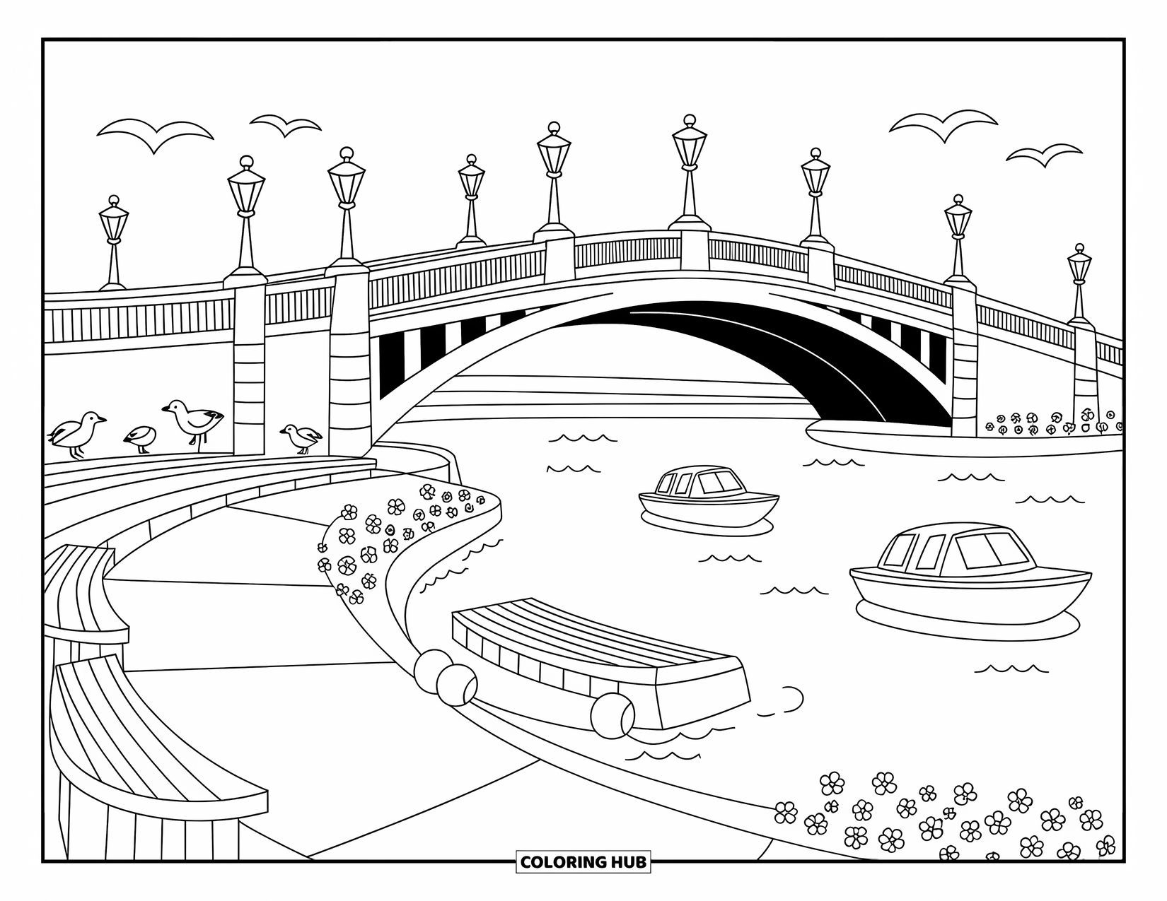 Chicago Coloring Page for Adults: Chicago Riverwalk with drawbridge, boats, benches, and charming umbrellas near the water