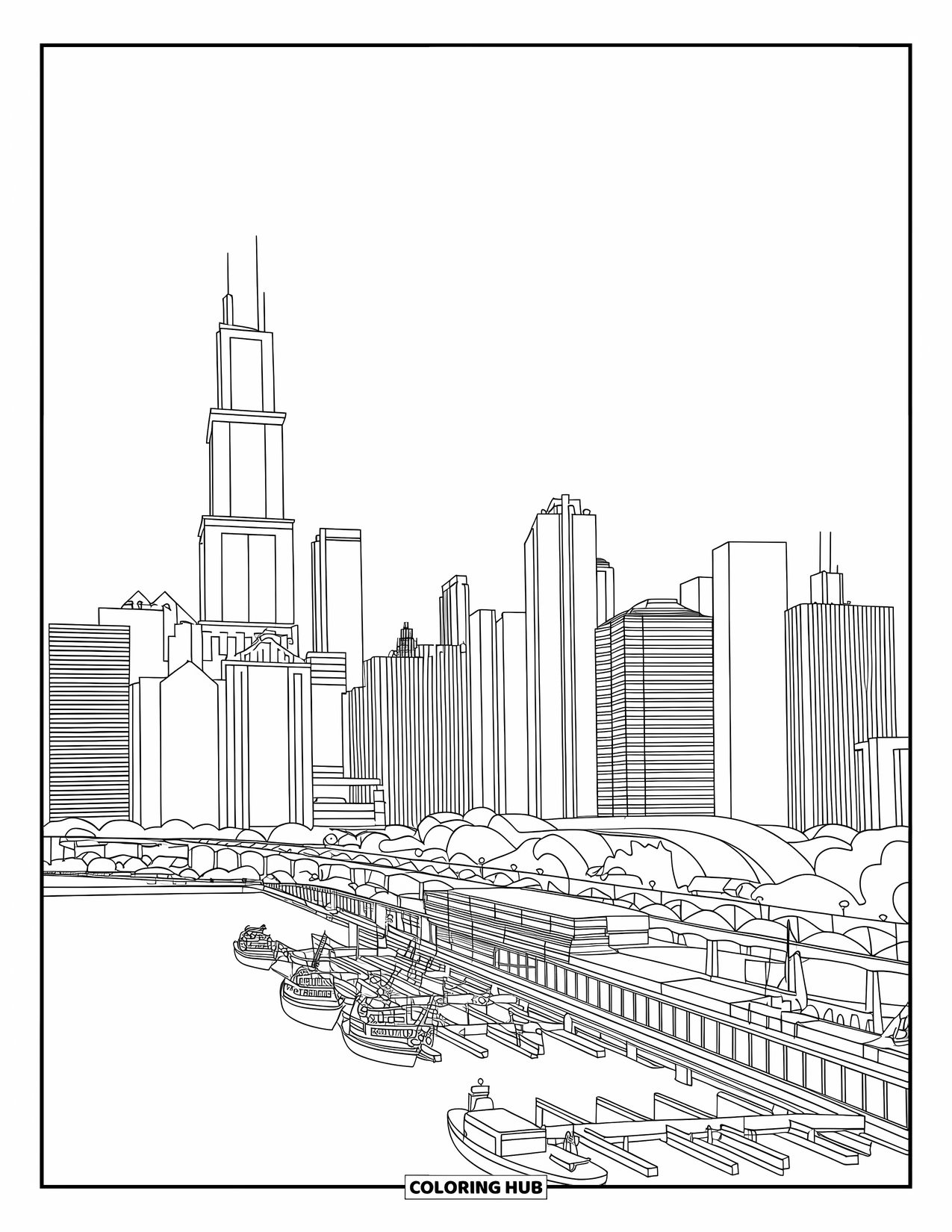 Chicago Coloring Page for Adults: Chicago skyline seen from across Lake Michigan with boats docked in the harbor