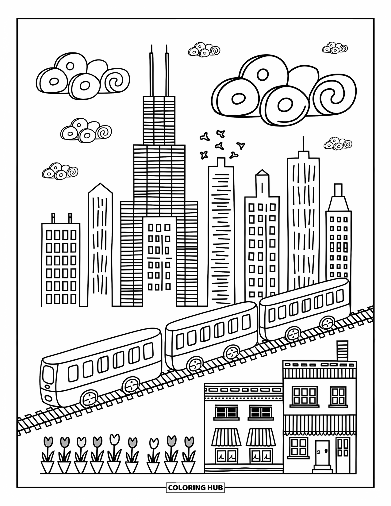 Chicago Coloring Page for Adults: Chicago skyline with Willis Tower and L train, plus tulips and starry banners