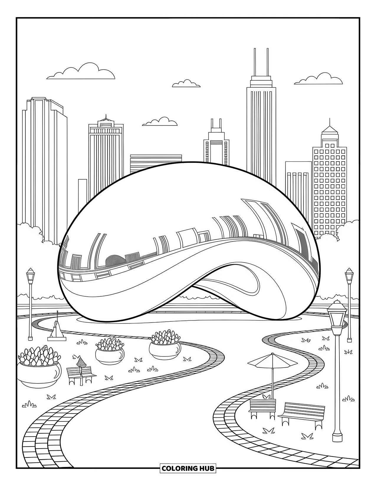 Chicago Coloring Page for Adults: Chicagoís Bean sculpture shines in the park with tiny planters, paths, and surrounding buildings