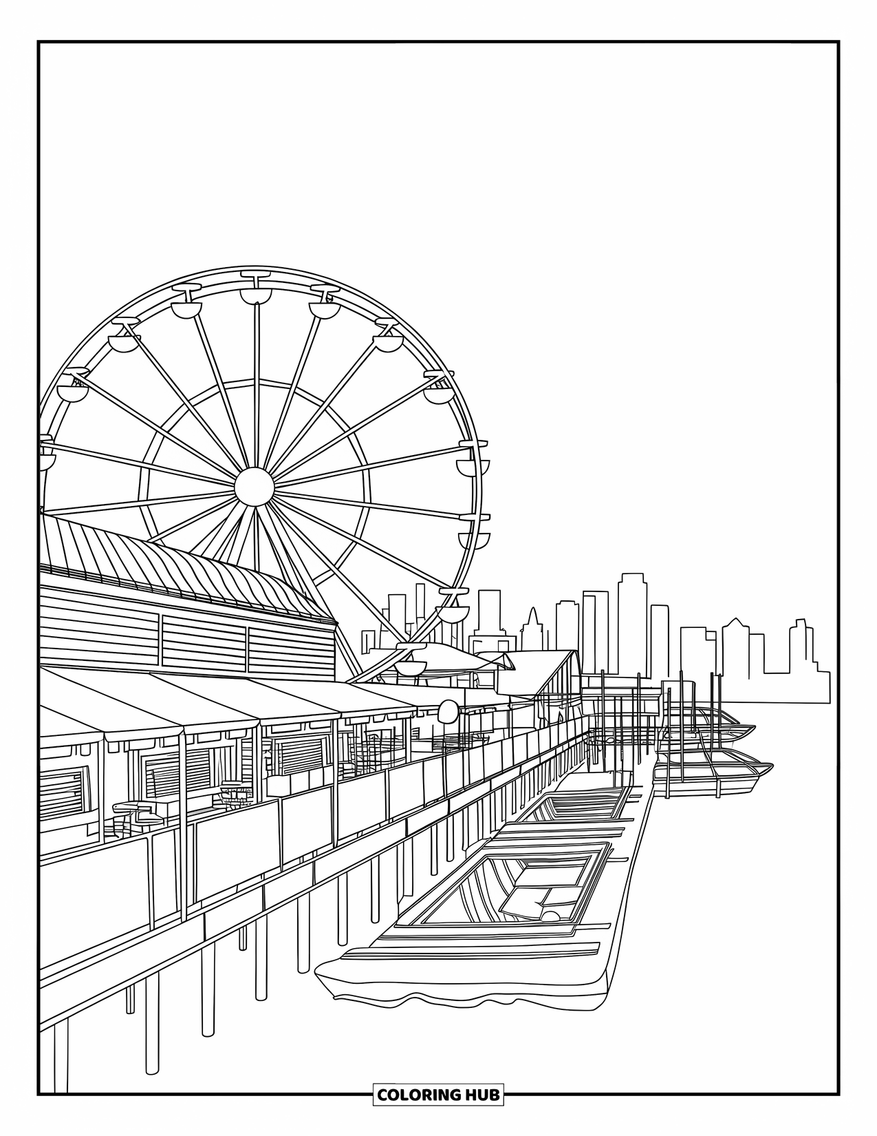 Chicago Coloring Page for Adults: Chicago's Navy Pier with Ferris wheel and docked tour boats beside food stands