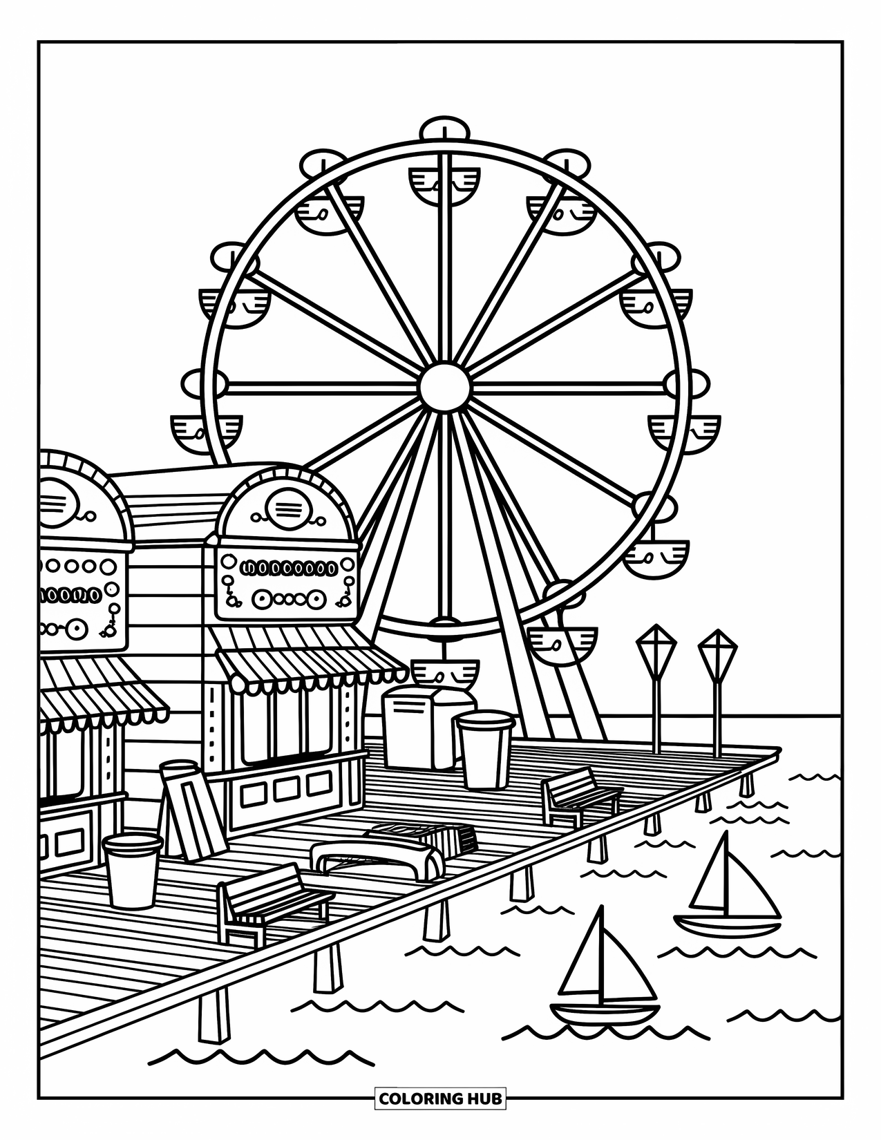 Chicago Coloring Page for Adults: Chicagoís Navy Pier with Ferris Wheel, lemonade booths, and sailboats floating nearby