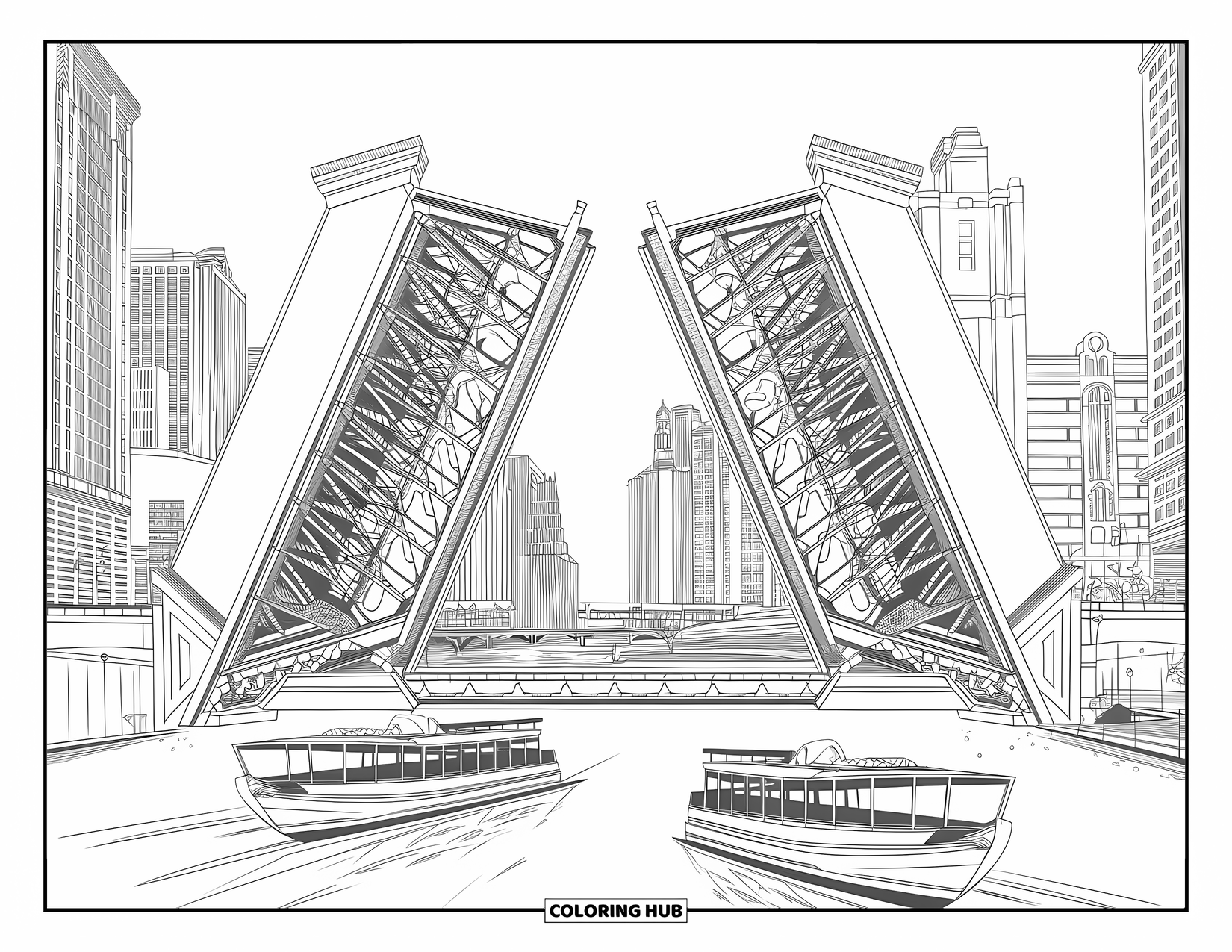Chicago Coloring Page for Adults: Downtown Chicago's iconic bridges lift as boats pass and buildings reflect on calm water
