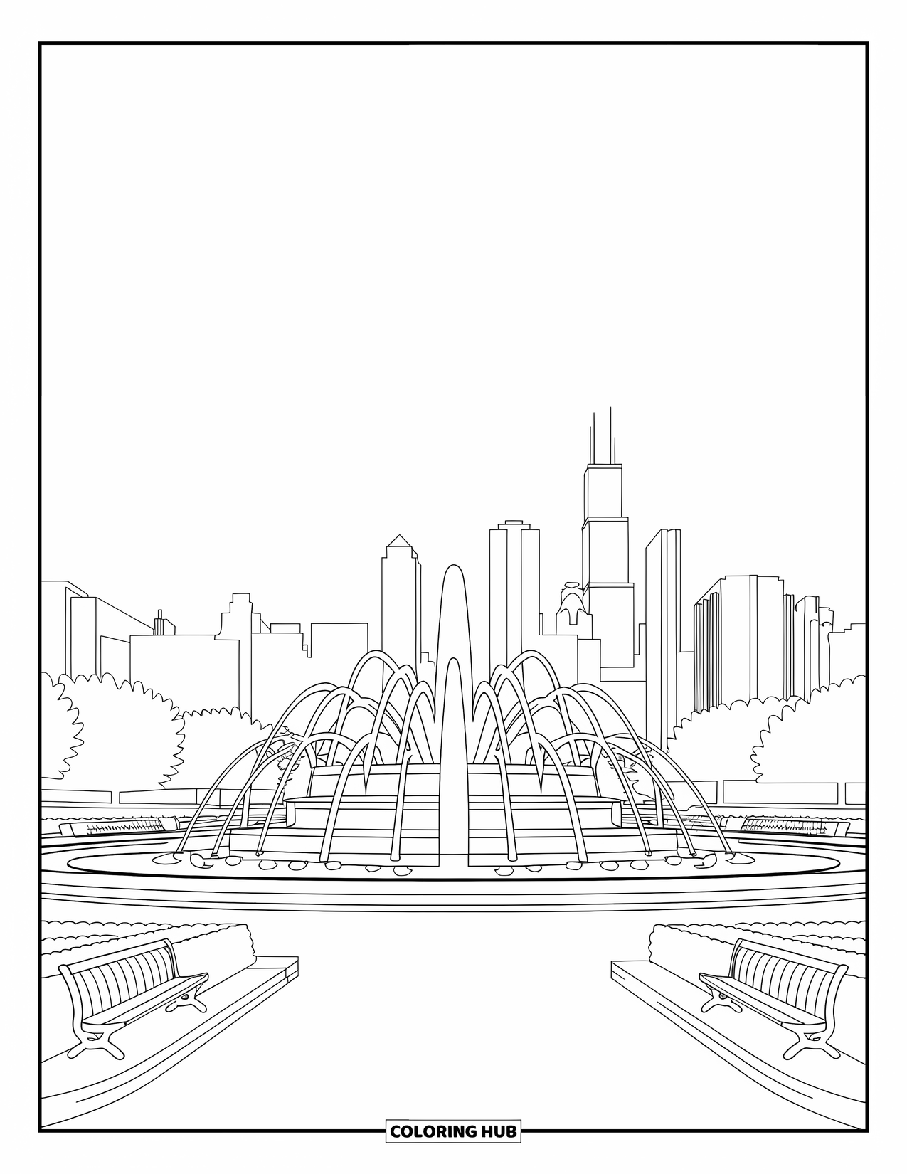 Chicago Coloring Page for Adults: Famous Buckingham Fountain surrounded by benches, hedges, and Chicago skyscrapers
