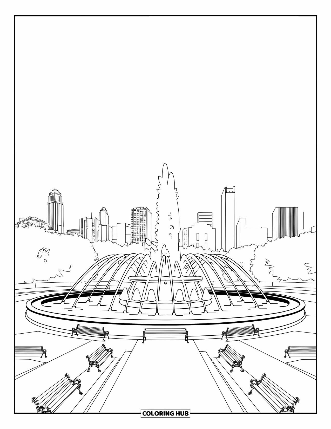 Chicago Coloring Page for Adults: Grant Park's Buckingham Fountain with high water jets and city skyline views
