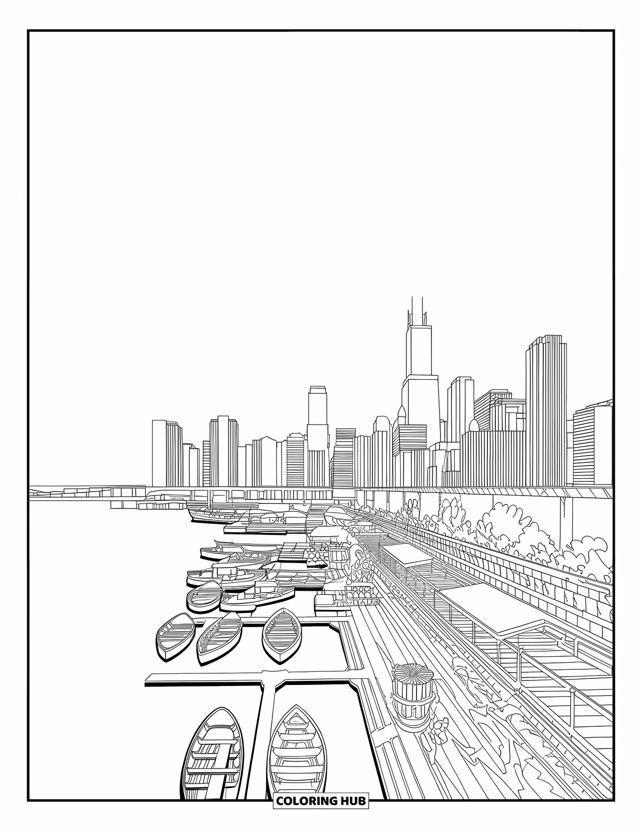 Chicago Coloring Page for Adults: Layered cityscape and boats in the harbor viewed from Lake Michigan's shore in Chicago