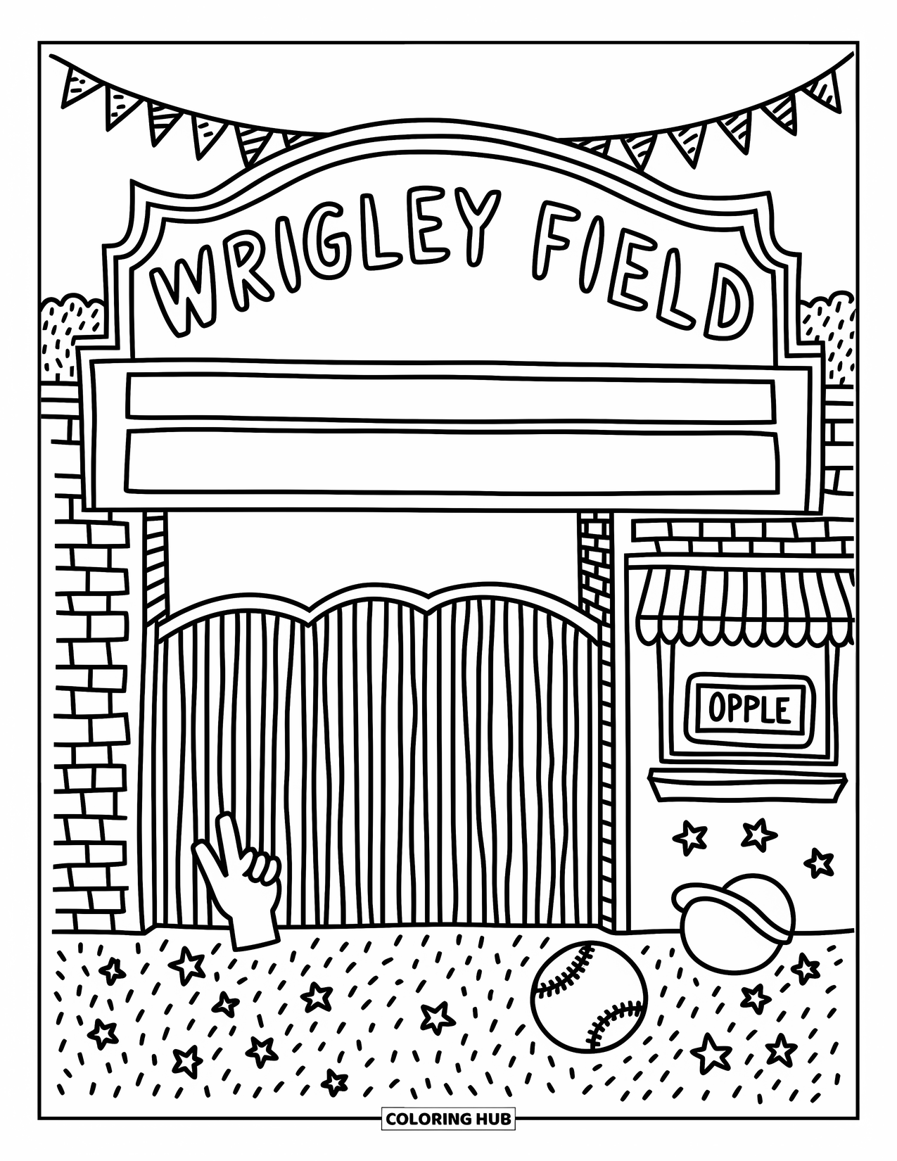 Chicago Coloring Page for Adults: Marquee at Wrigley Field with flags, cap, and stars welcomes visitors in style