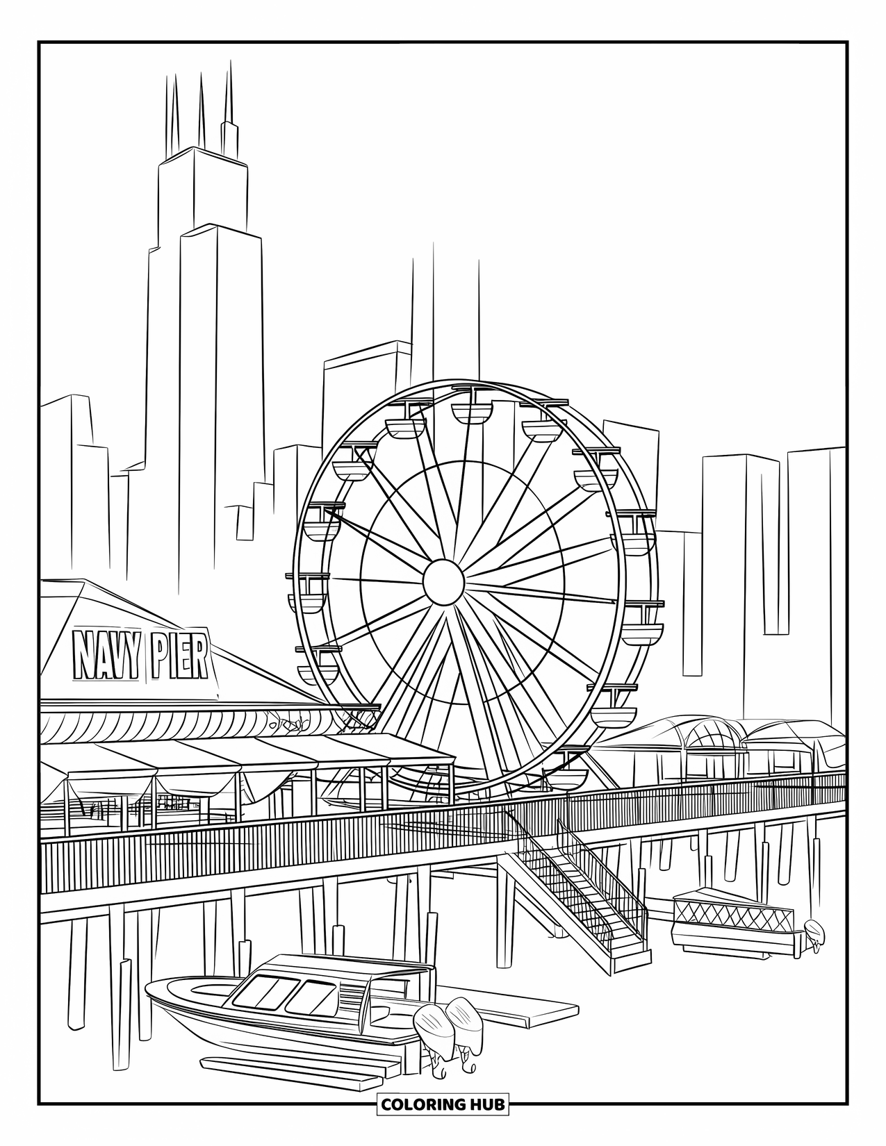 Chicago Coloring Page for Adults: Navy Pier boardwalk with Ferris wheel, boats, food stands, and city skyline views