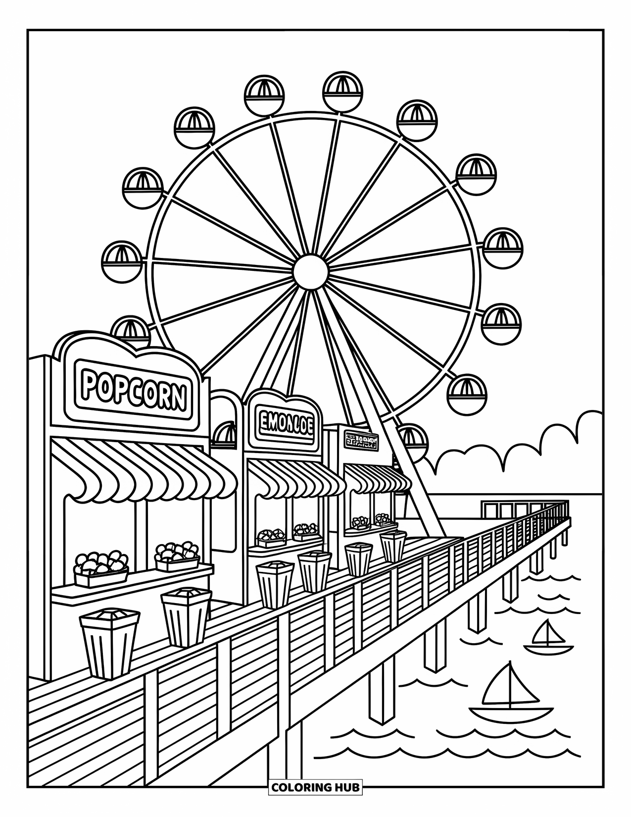 Chicago Coloring Page for Adults: Navy Pier Ferris Wheel with snack booths, benches, and sailboats on the lake