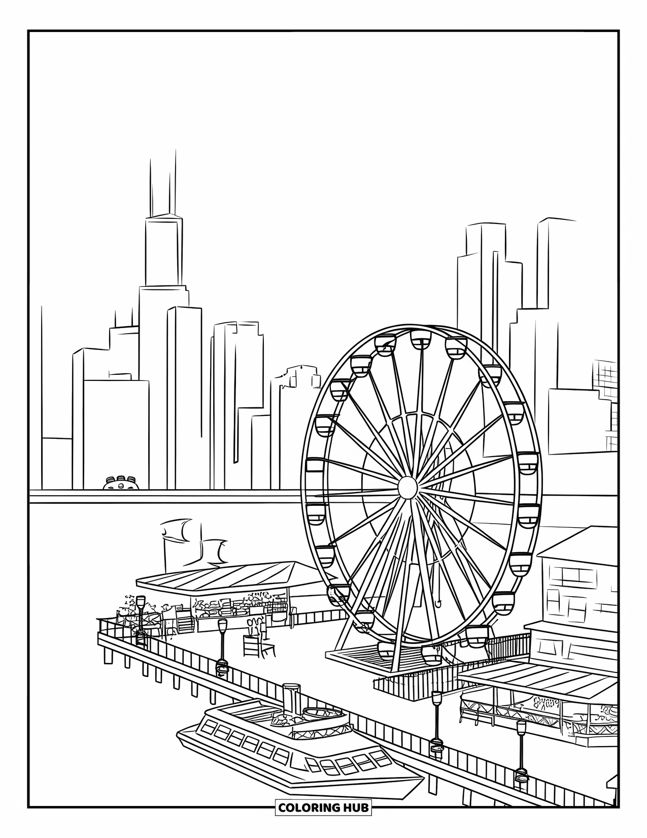 Chicago Coloring Page for Adults: Navy Pier scene with boats, a Ferris wheel, and food stalls along the boardwalk
