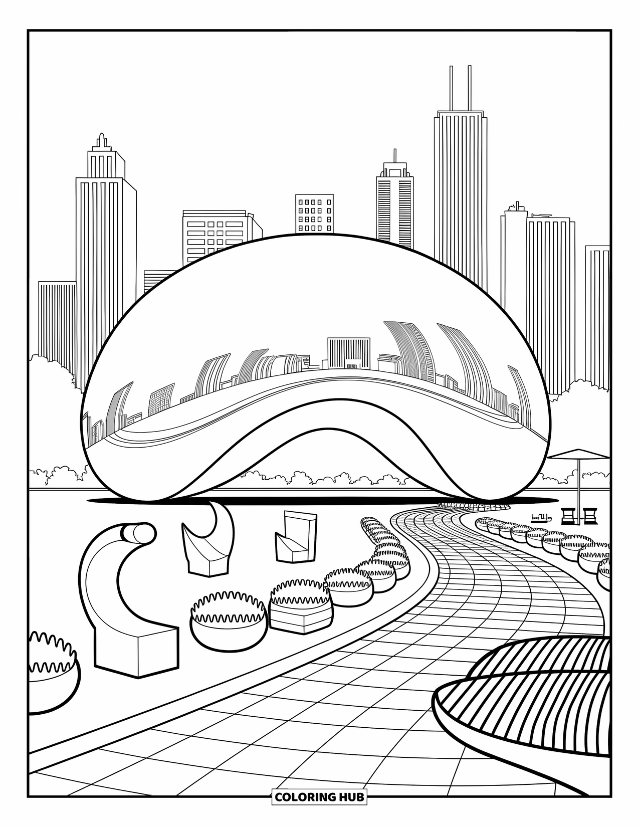 Chicago Coloring Page for Adults: Playful city scene at Chicagoís Bean with benches, trees, and miniature park details