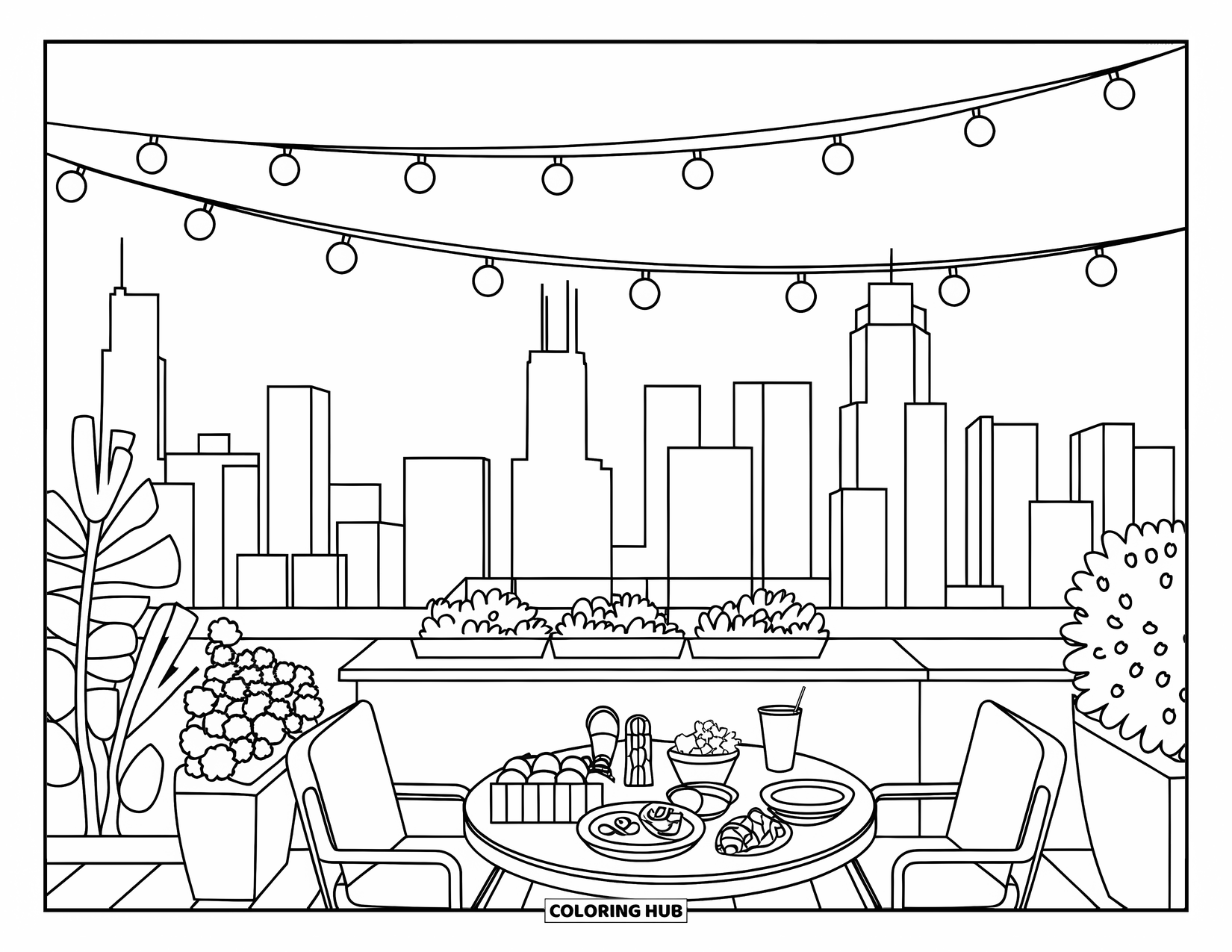 Chicago Coloring Page for Adults: Rooftop patio in downtown Chicago with skyline views, string lights, and local eats