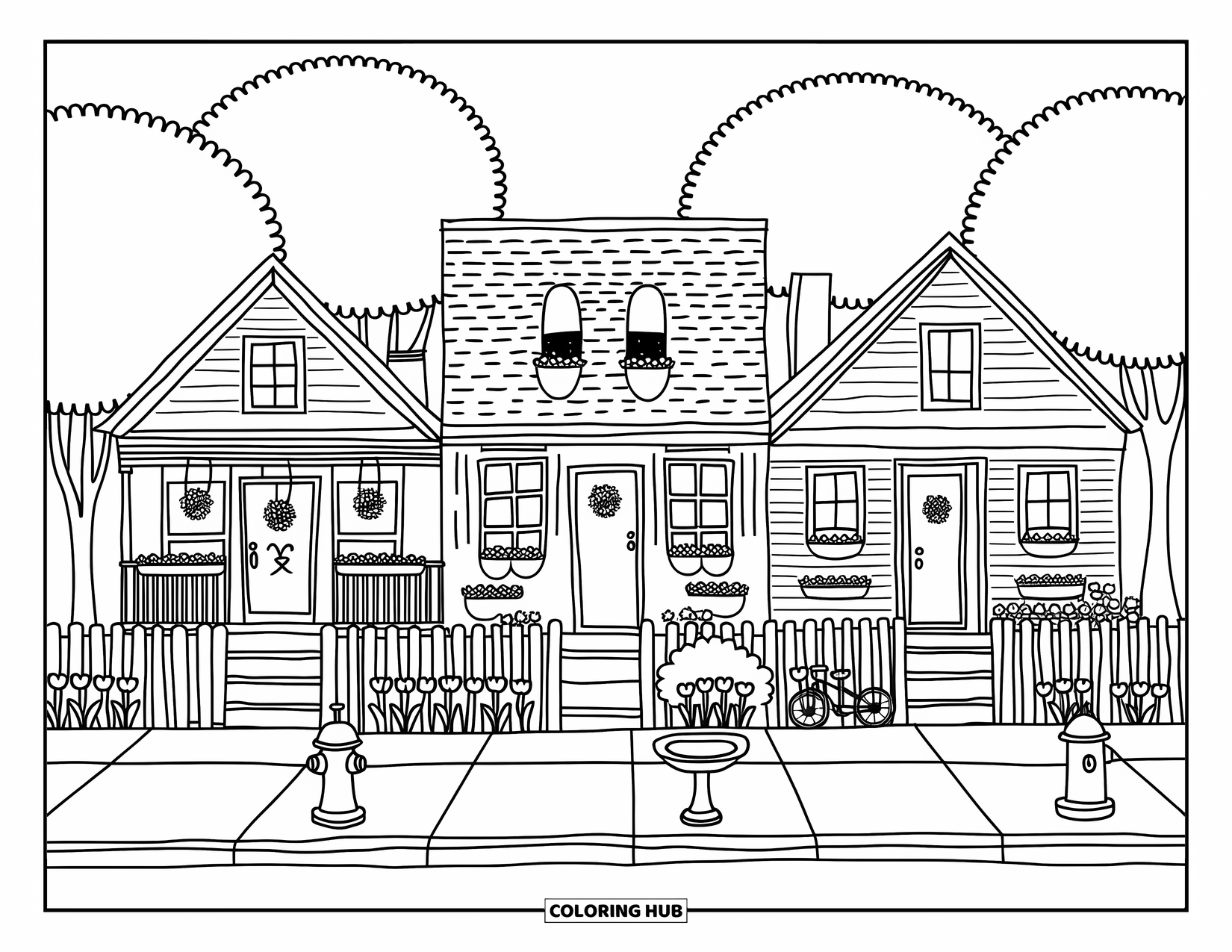 Chicago Coloring Page for Adults: Row of classic Chicago bungalows with sloped roofs, trees, and playful front-yard charm