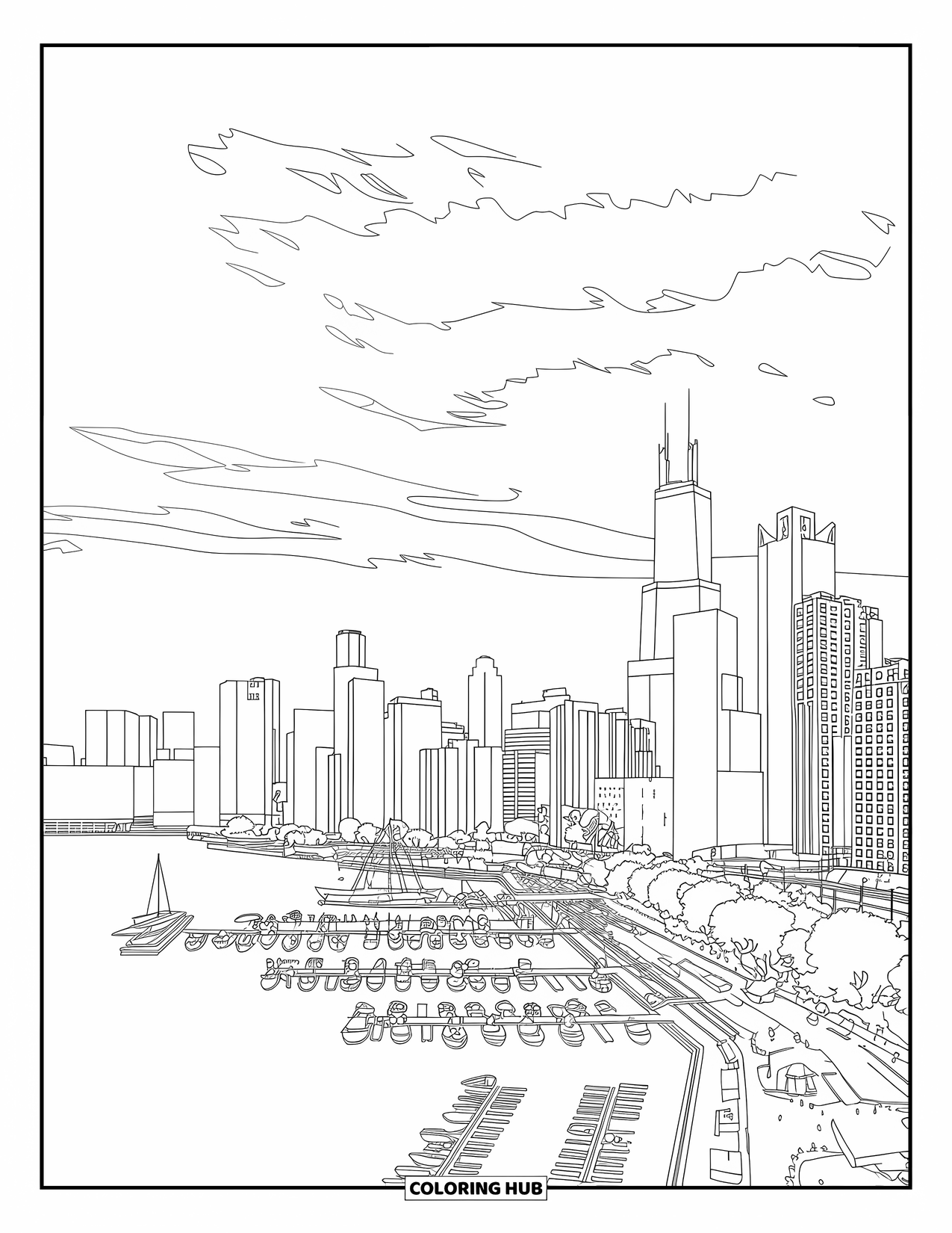 Chicago Coloring Page for Adults: Skyline view with Wrigley Building and Trump Tower rising above boats on Lake Michigan
