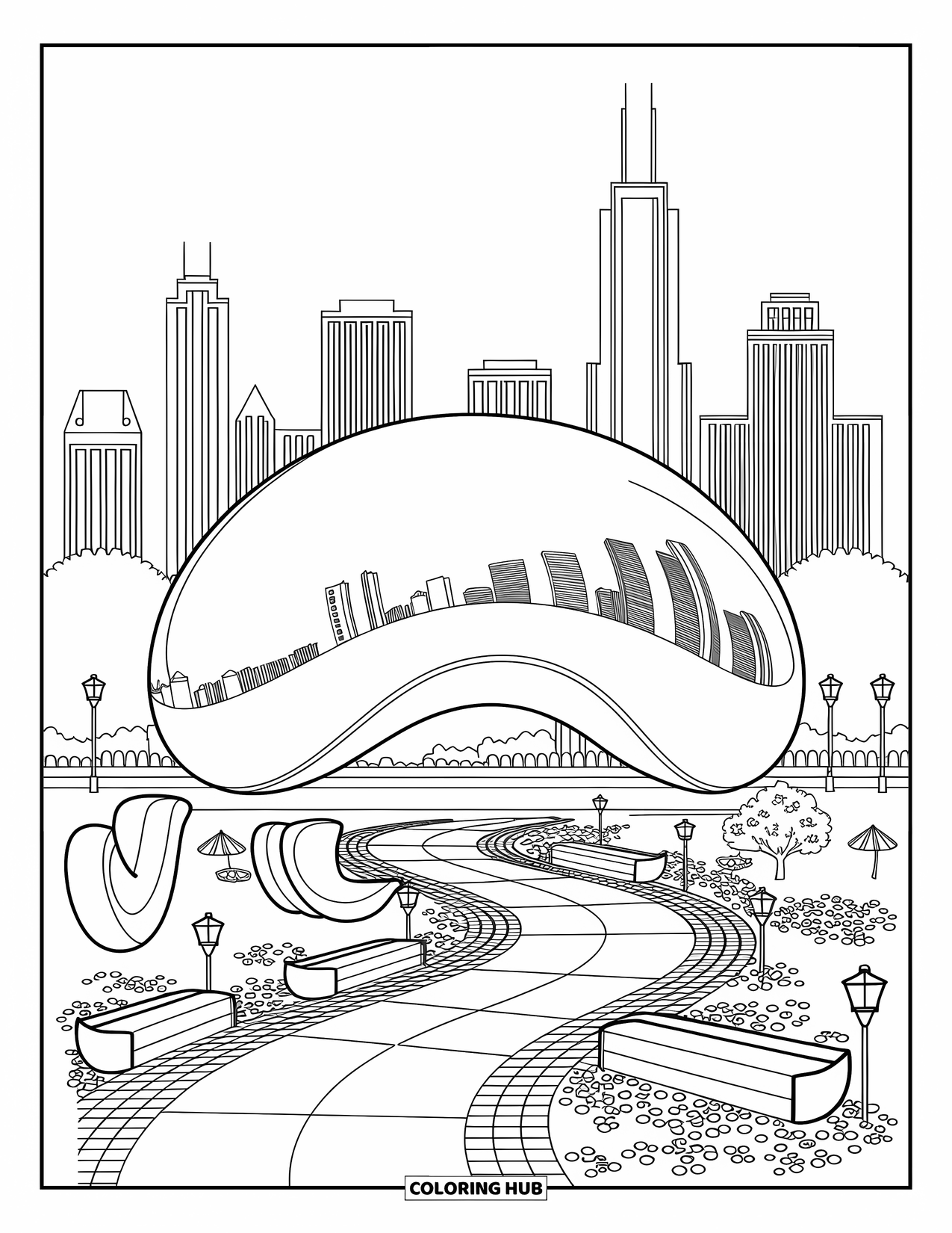 Chicago Coloring Page for Adults: The Bean reflects skyscrapers, trees, and curved benches in Millennium Park