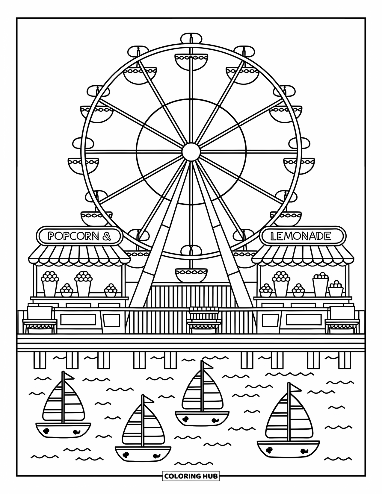 Chicago Coloring Page for Adults: Whimsical Ferris Wheel at Navy Pier with popcorn stands and cozy benches by the water