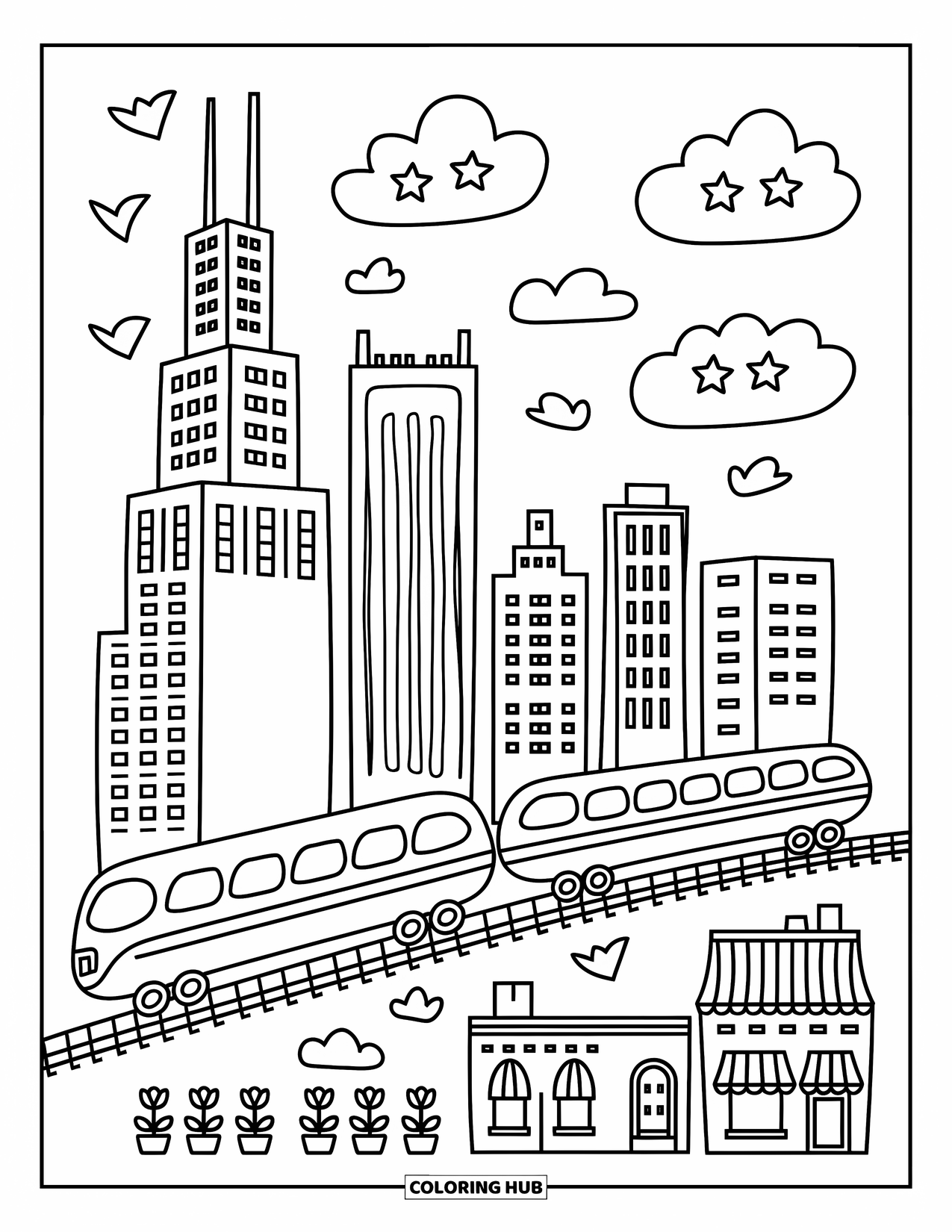 Chicago Coloring Page for Adults: Whimsical Willis Tower above a star-spangled L train and miniature Chicago street scene