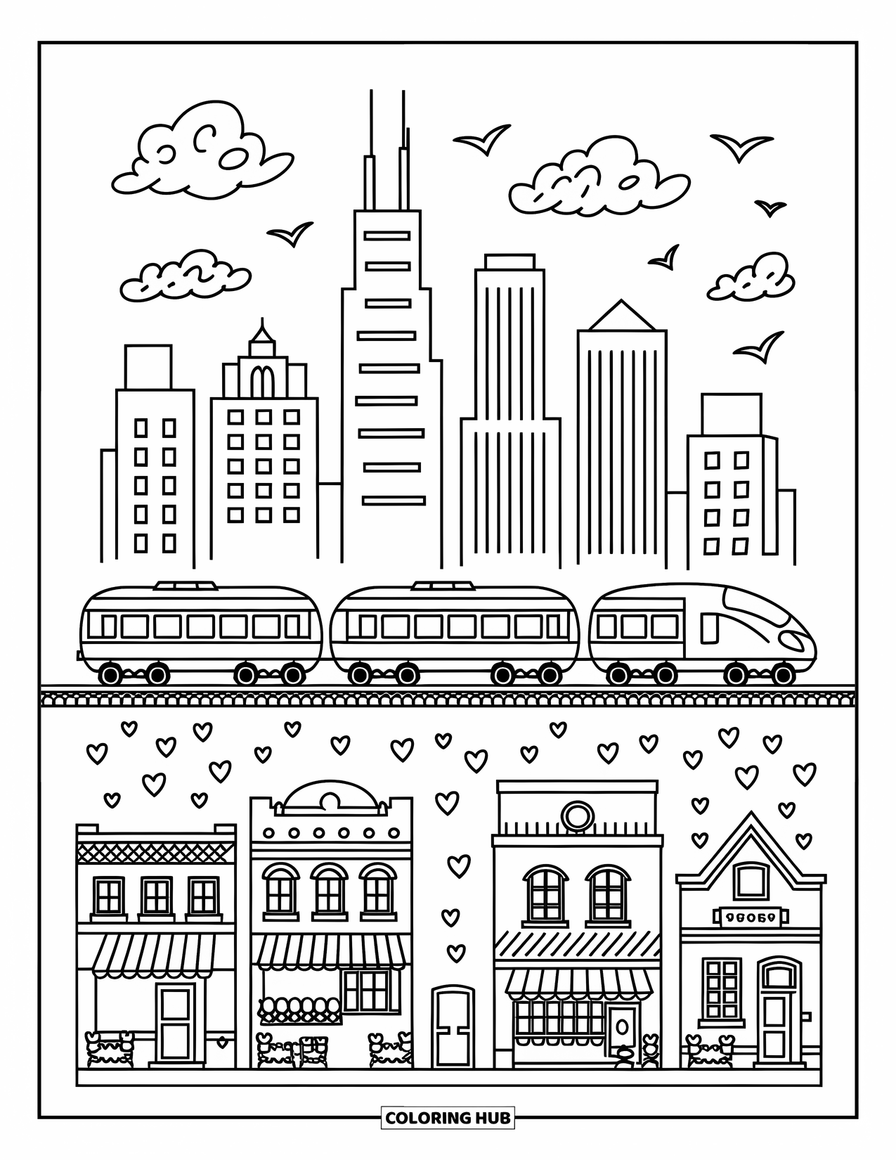 Chicago Coloring Page for Adults: Willis Tower rises behind the L train, tulip planters, and birds flying overhead