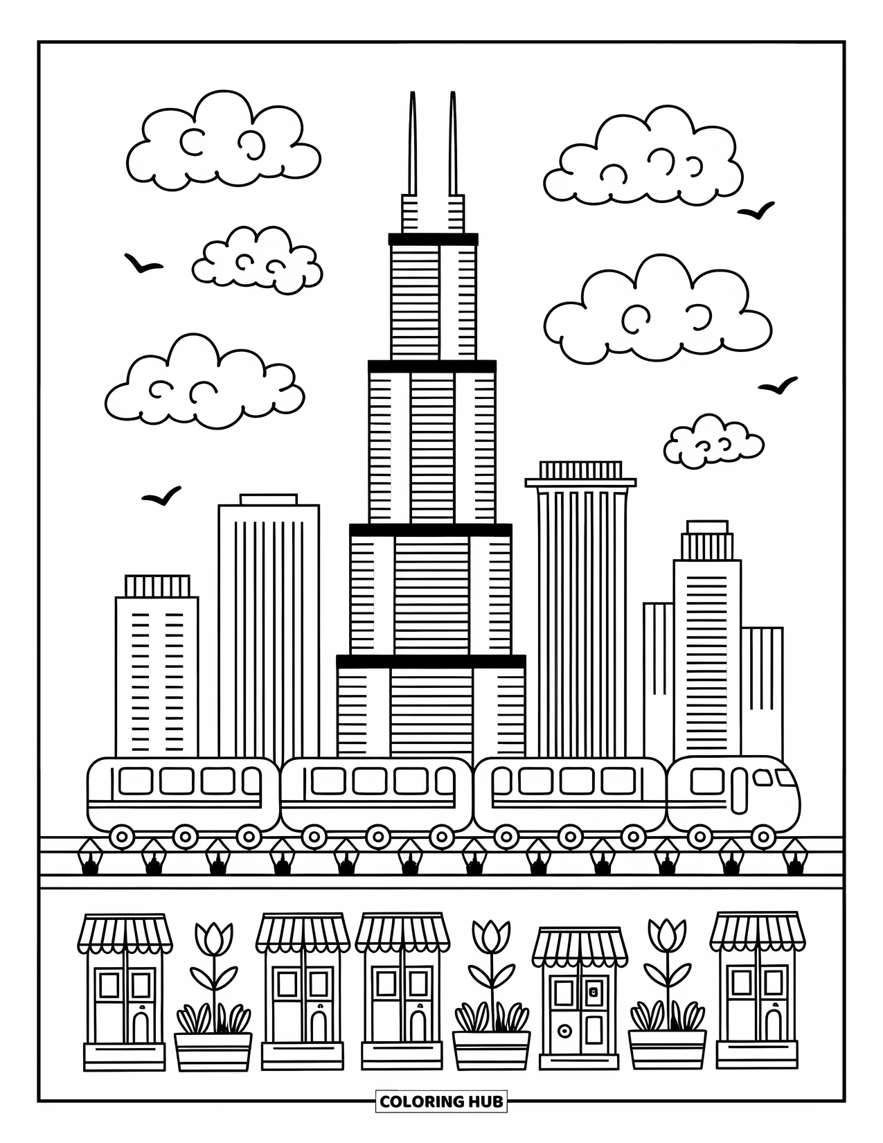 Chicago Coloring Page for Adults: Willis Tower stands tall above a cute L train and cozy city buildings