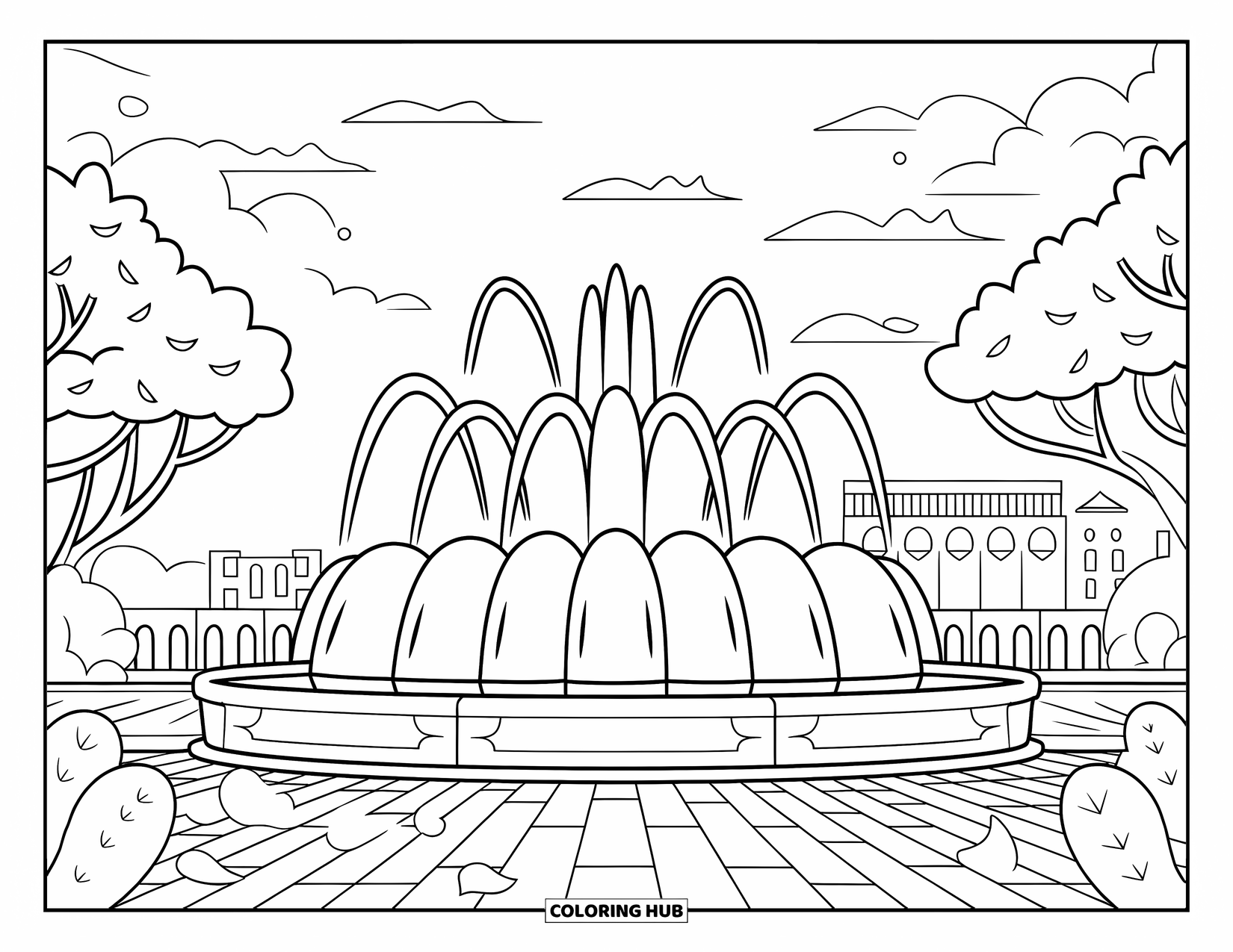 Chicago Coloring Page for Kids: Big water arcs from Chicagoís Buckingham Fountain with a peaceful park backdrop