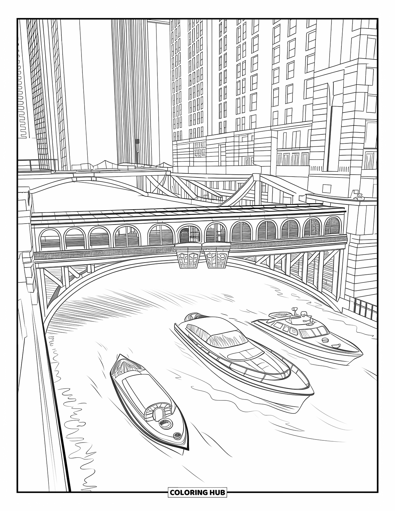 Chicago Coloring Page for Kids: Bridge arches over the Chicago River with boats and modern towers around
